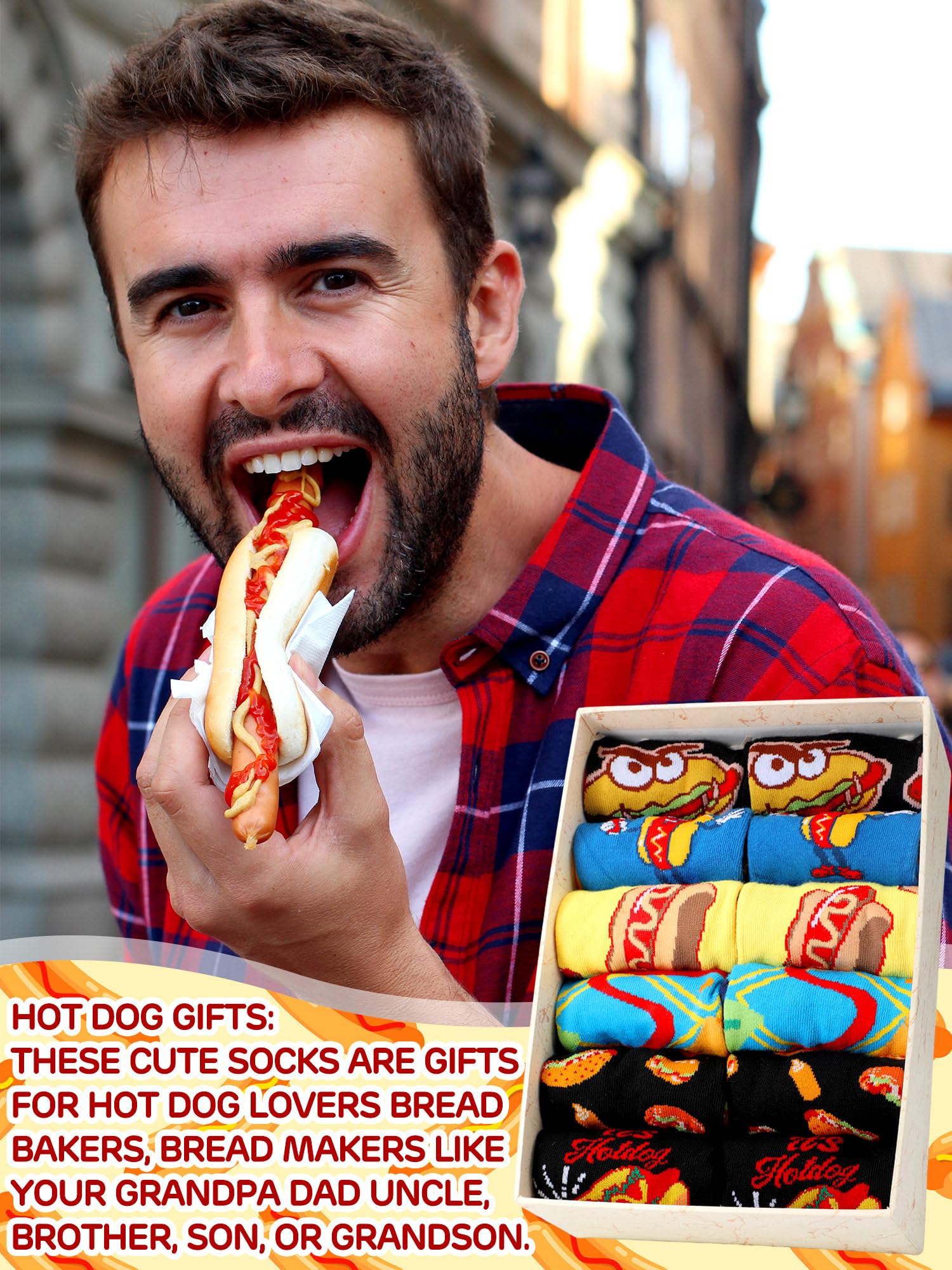 Haysandy 6 Pairs Funny Food Socks for Men Novelty Snack Lover Gift Crazy Design Socks for Pepper Bacon Hot Dogs Burger Pizza