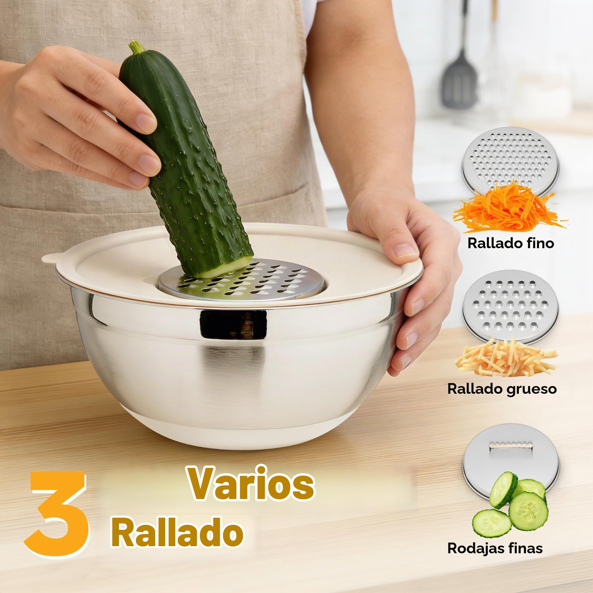 Fire More Ensaladera Acero Inoxidable 5 Piezas con Tapa, 3 Ralladores | Bol acero Inoxidable 4L/2,8L/1,8L/1,5L/1L, Apilables, Base Antideslizante, Preparar Ensaladas, Mezclar Ingredientes, Servir