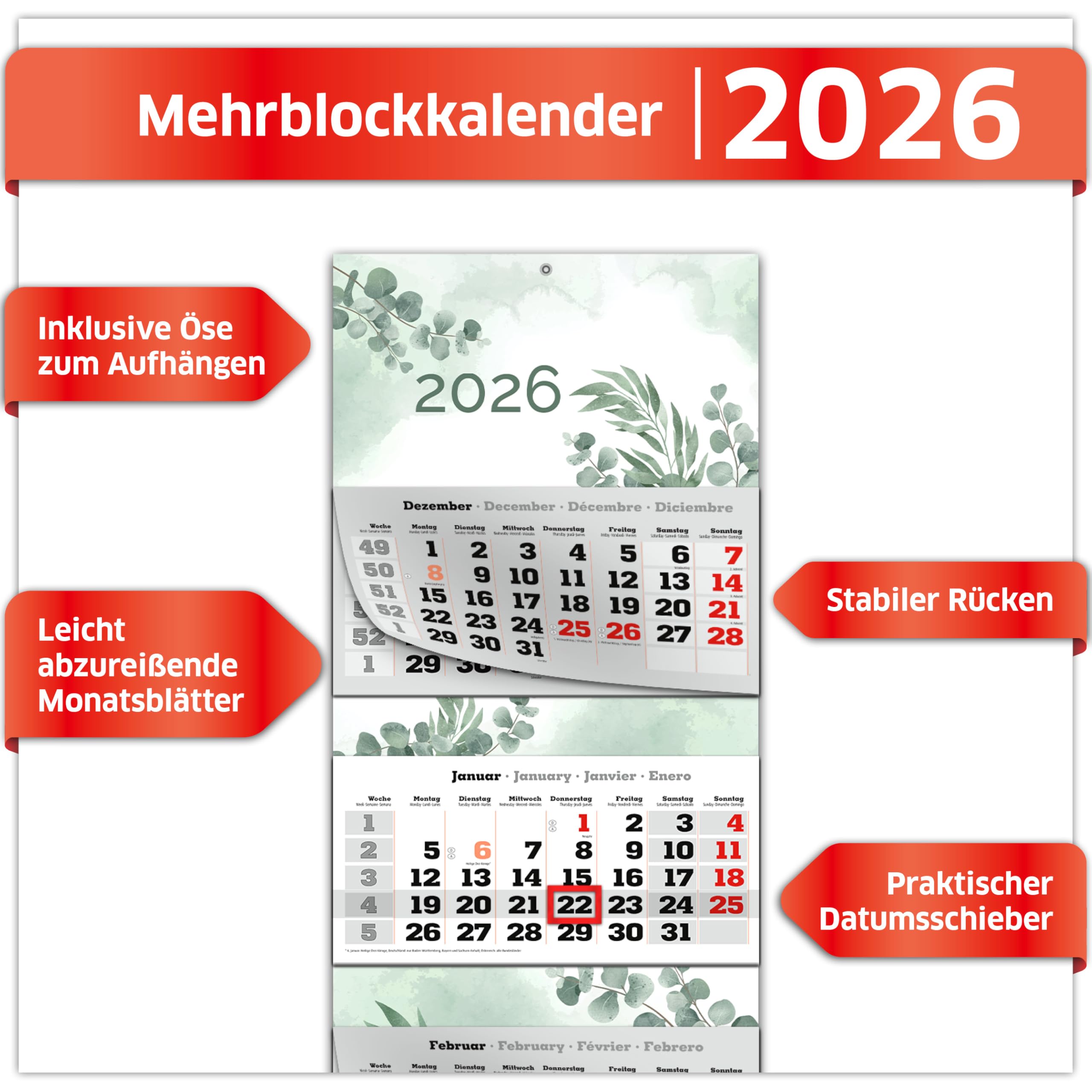PRIMUS PRINT XXL Calendario 2026 – Multibloc Calendario de pared – Calendario de 4 meses – con fecha deslizante, calendario para colgar – Incluye días festivos y vacaciones – varios diseños – [1 x