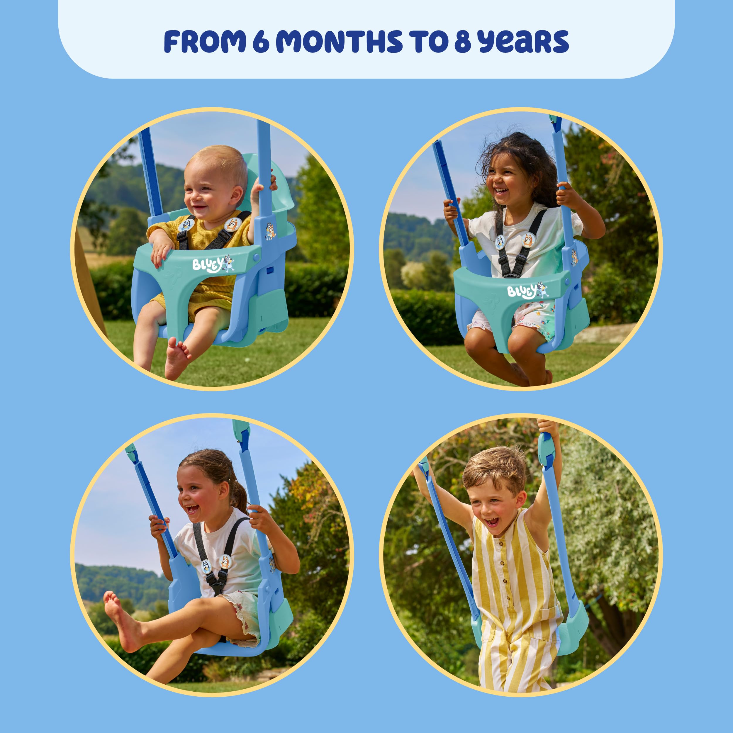 Bluey Quadpod - Asiento de Columpio cultivable 4 en 1, para Parque Infantil al Aire Libre con Cuerdas Ajustables y Correa de Seguridad, Columpio para niños pequeños para Jardines y Parques Infantiles