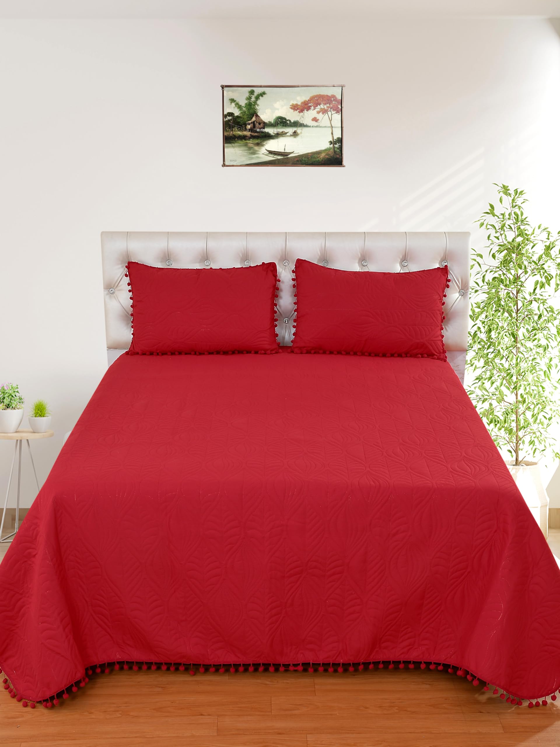 BREVARD Luxury & Premium Glace Cotton Floral Printed Bed Cover Bublle Lace Frill Border - 2 Pillow Covers All Season Ultrasonic Lightweight Bedspread (King Size - 90x100 Inches, Maroon)-image-22