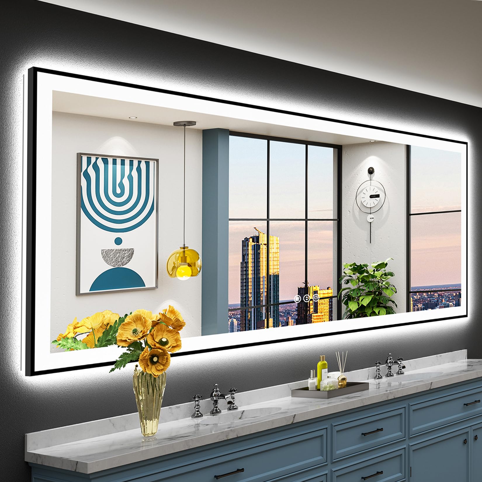 96x36 Black Framed LED Bathroom Mirror with Lights, Backlit and Front Lit Anti-Fog Lighted Vanity Mirror for Bathroom Wall, Dimmable, 3 Colors, Memory, Shatter-Proof, HD Tempered Glass, CRI 95