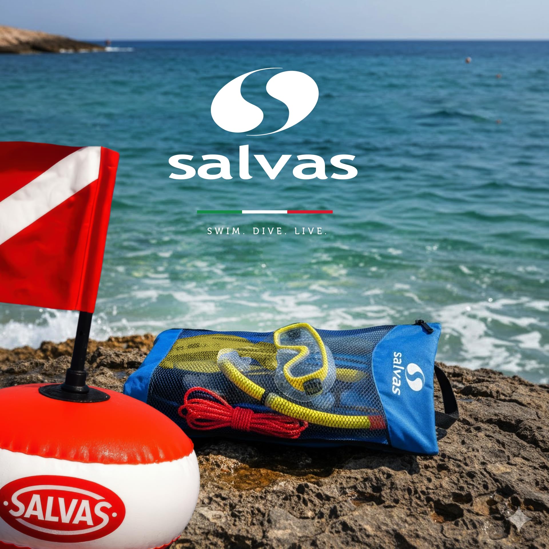 Salvas Sub Ultimate Set Snorkeling S/M - Maschera Snorkeling + Boccaglio Tubo Snorkel + Pinne Regolabili 36/41 + Boa di Segnalazione con Bandierina - Kit Snorkeling, Apnea ed Immersioni