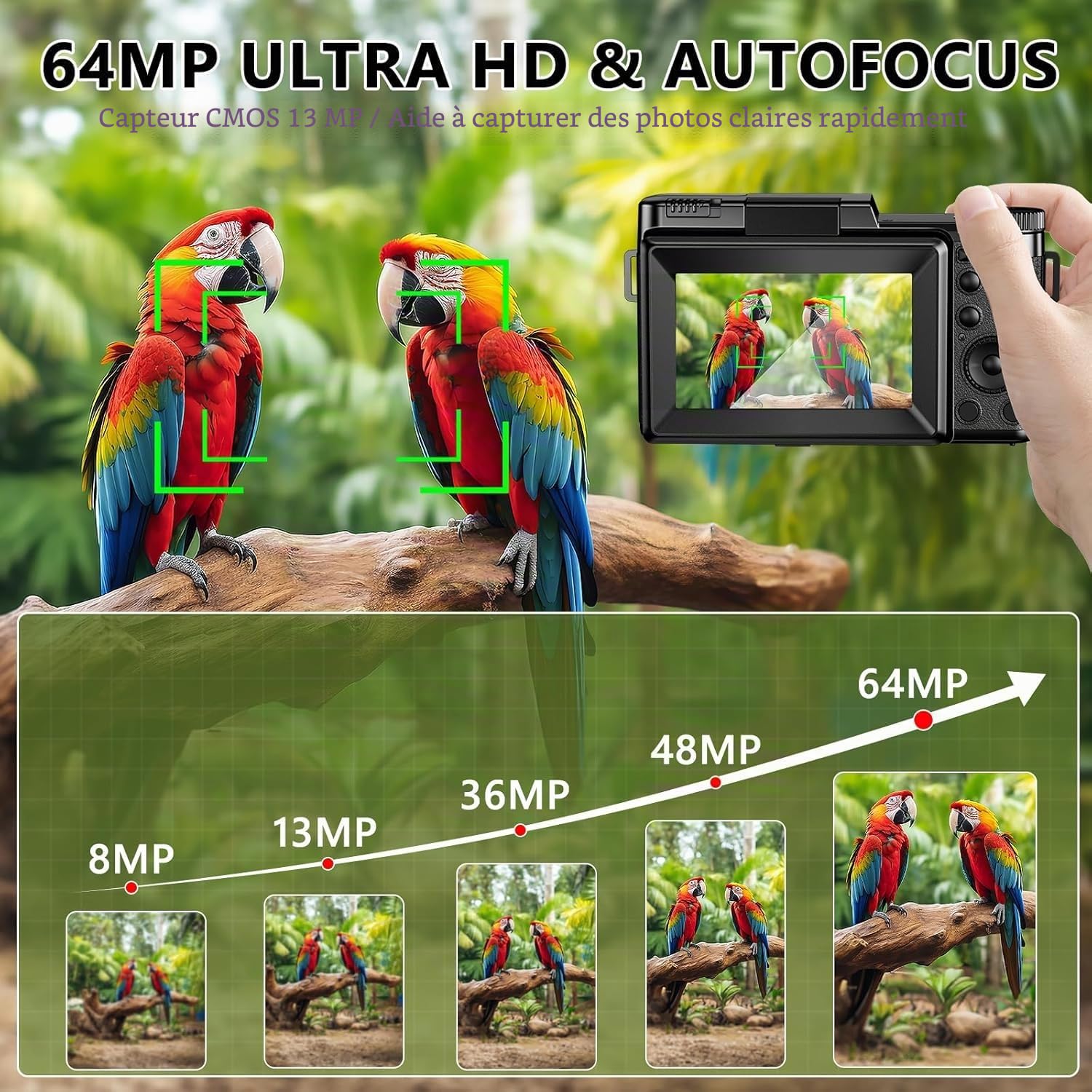 Appareil Photo 5K 64MP, Zoom Numérique 18X, Autofocus Appareil Photo Numérique, Écran IPS 3" Pivotant à 180°,Camera Digital de Vlogging avec Carte Mémoire 32GB, Idéal pour Les