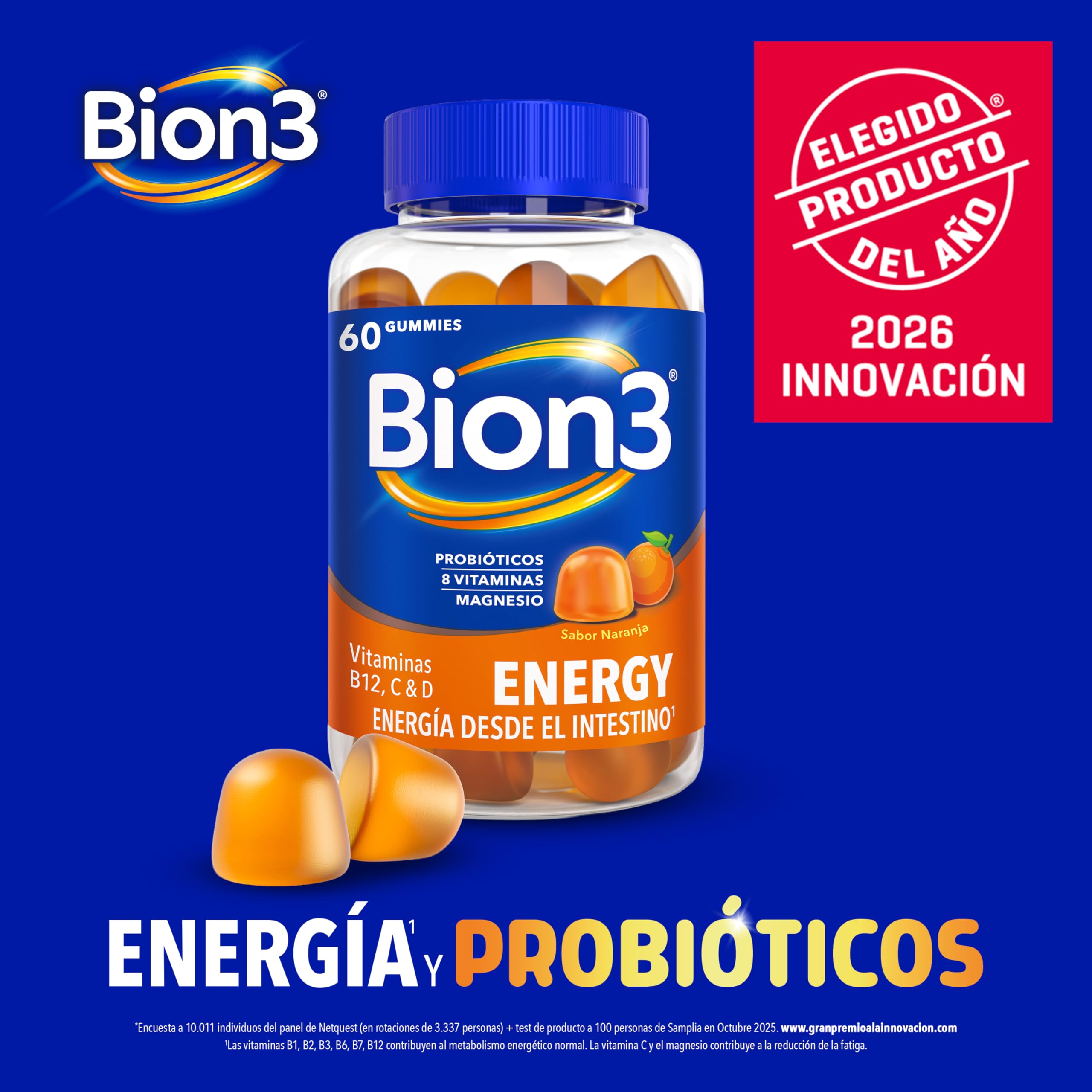 Bion3 Energy Gummies para la energía física y mental con Vitamina C y Magnesio, Vitaminas B12, B1, B2, B3, B6, B7, Vitamina D y Probióticos, 60x2 gummies, para 1-2 meses de uso