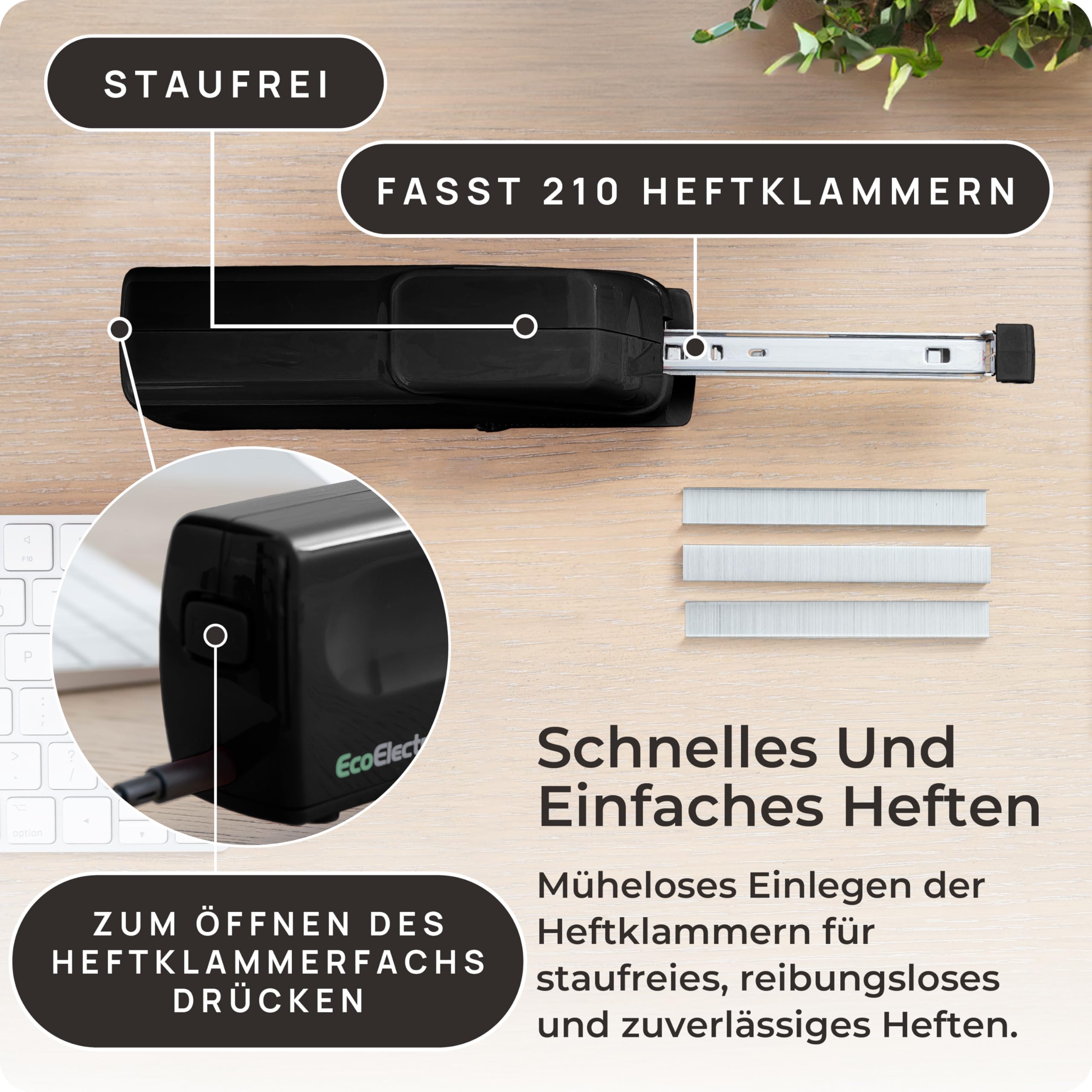EcoElectronix Tragbarer automatischer elektrischer Heftgerät Pro – Kapazität von 30 Blatt, leiser Betrieb, staufrei und einfaches Nachladen – AC-Adapter/batteriebetrieben, Schwarz
