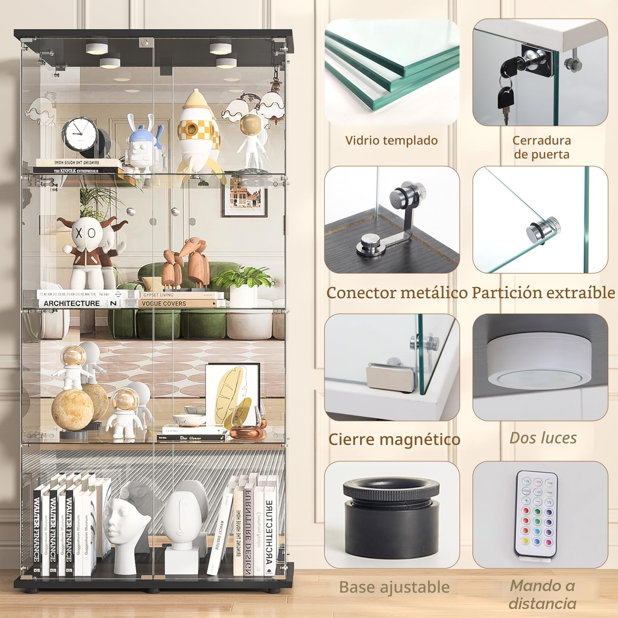Vetrina a 4 ripiani in vetro con serratura a luce LED e retro a specchio 2 ante vetrina da pavimento per libri da collezione e decorazioni per la casa