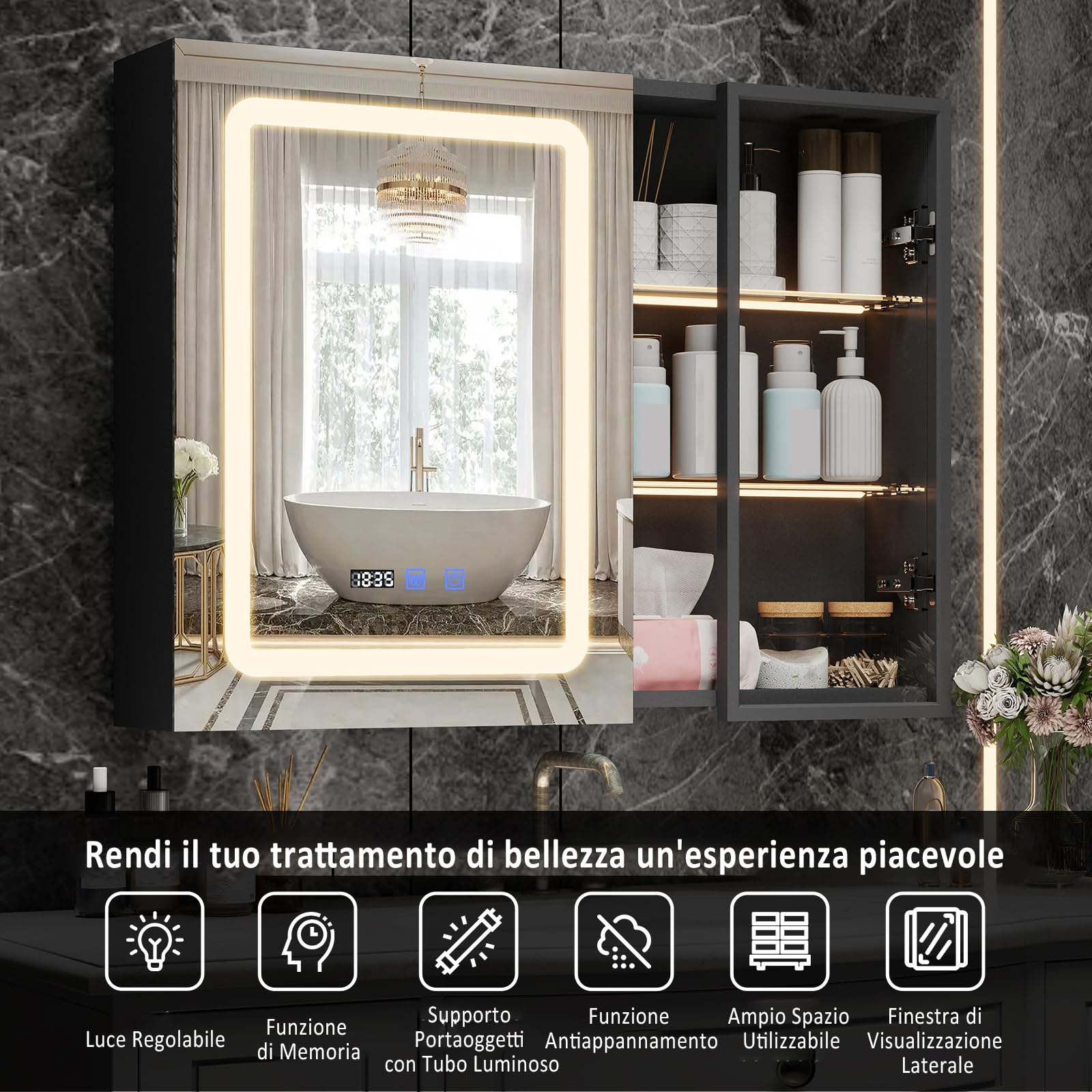 YU YUSING Specchio Contenitore Bagno con Luce 80x15x60 cm, Mobile Bagno con Specchio, Armadietto Bagno Sospeso, Specchiera bagno, 2 Ripiani Illuminati Aperti, Anta in Vetro, 3 Modalità di Luce, Nero