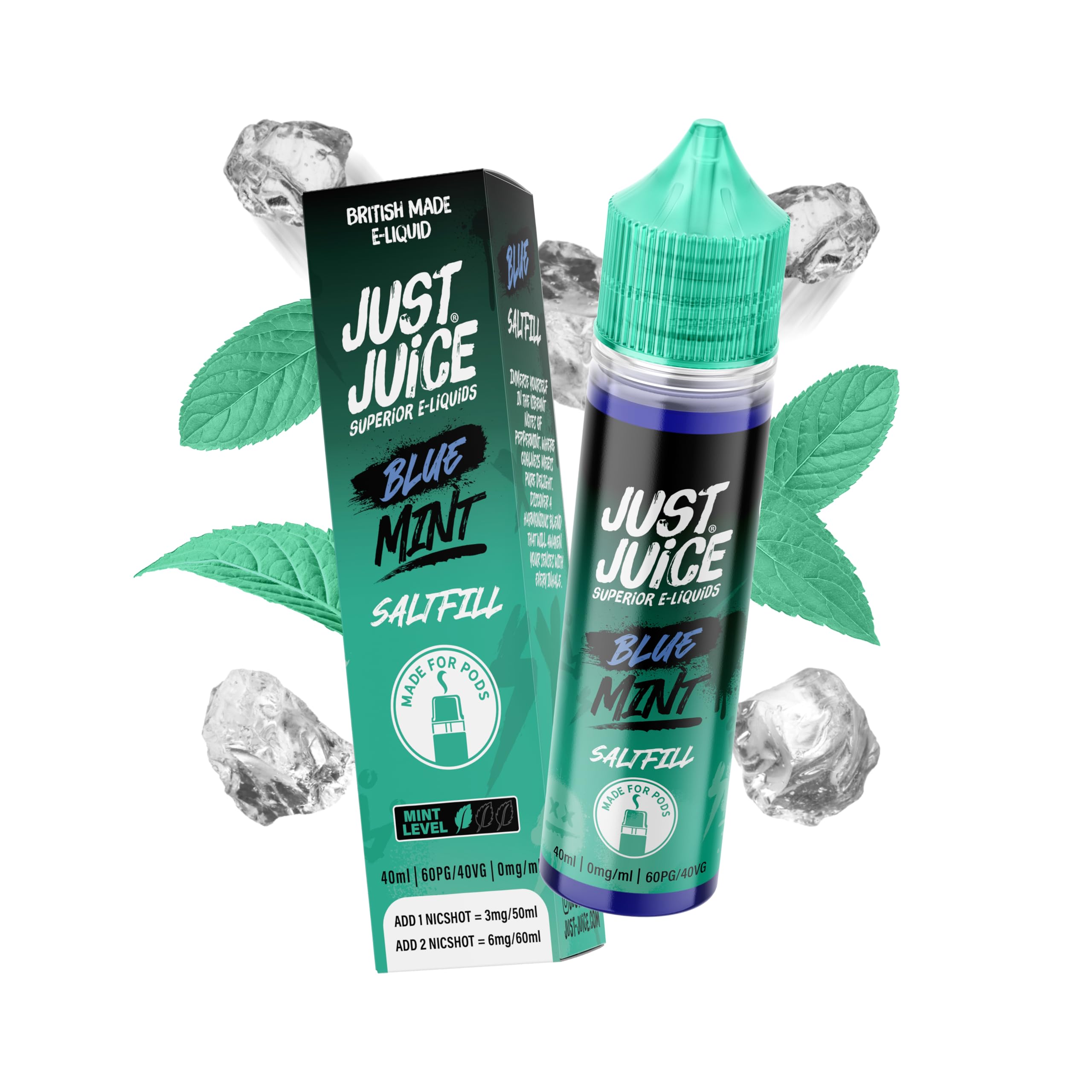 Just Juice Superior E-Liquids Mint Saltfill Vape Liquid - Blue Mint - 60ml Bottle with 40ml of Super Concentrated Juice, 60/40 0mg e-Liquid