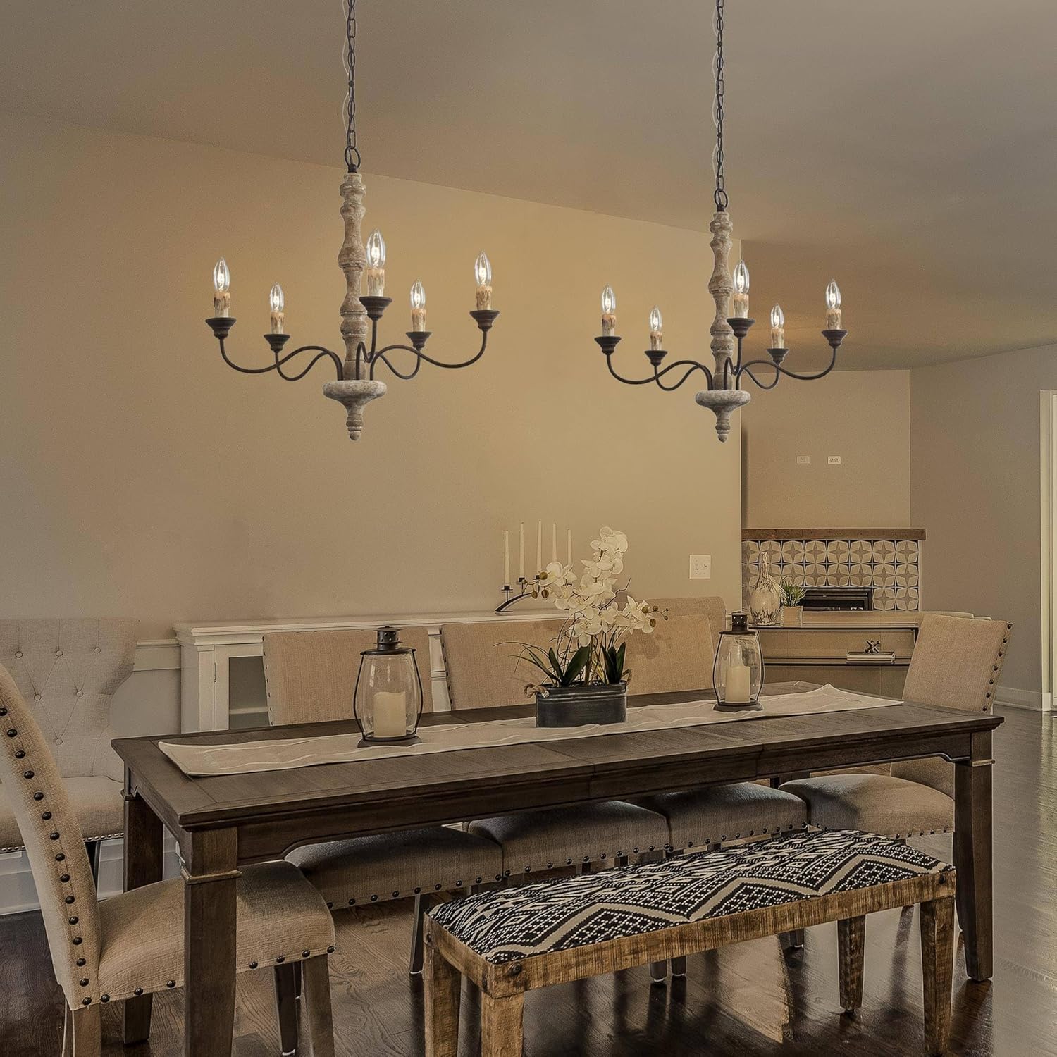 LALUZ 5-Light Farmhouse French Country Chandelier, 23'' Rustic Distressed Wood Chandeliers Light Fixture for Dining Room, Living Room, Bedroom, Foyer