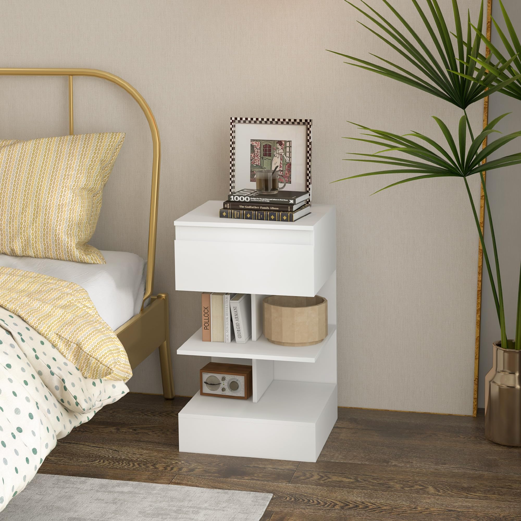 HOMCOM Mesita de Noche Mesa Auxiliar con Cajón para Cama 39x39x65 cm Blanco | 2 Estantes Abiertas, Dormitorio Salón Oficina, Estilo Moderno