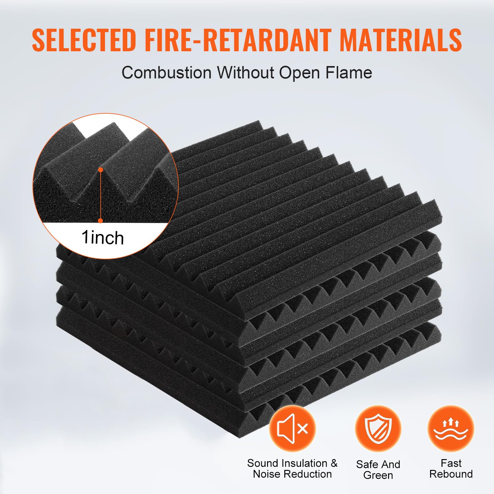 VEVOR Paneles de Espuma Acústica, 30,5 x 30,5 x 2,5 cm Insonorizados de Alta Densidad, Paneles Acústicos, Absorbentes de Sonido para Paredes y Techos de Estudios, Negro, 80 uds
