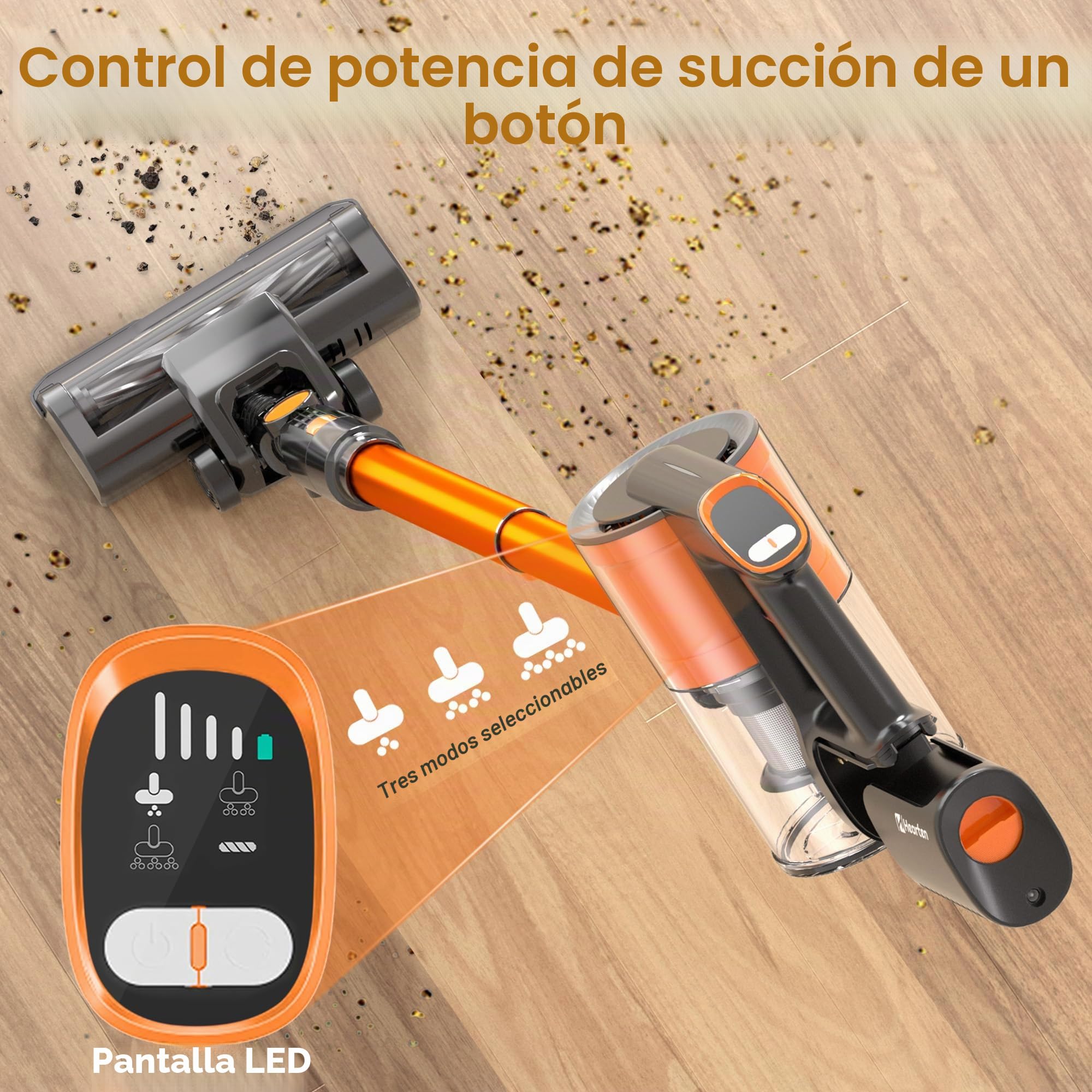 Hearten Aspiradora sin Cable, 48000Pa/450W/60Min, Aspiradora Ligera con Pantalla LED, Cepillo Anti-Enredos V, 60dB Silenciosa, Control One-Touch, para Alfombras, Suelos Duros y Pelo de Mascotas