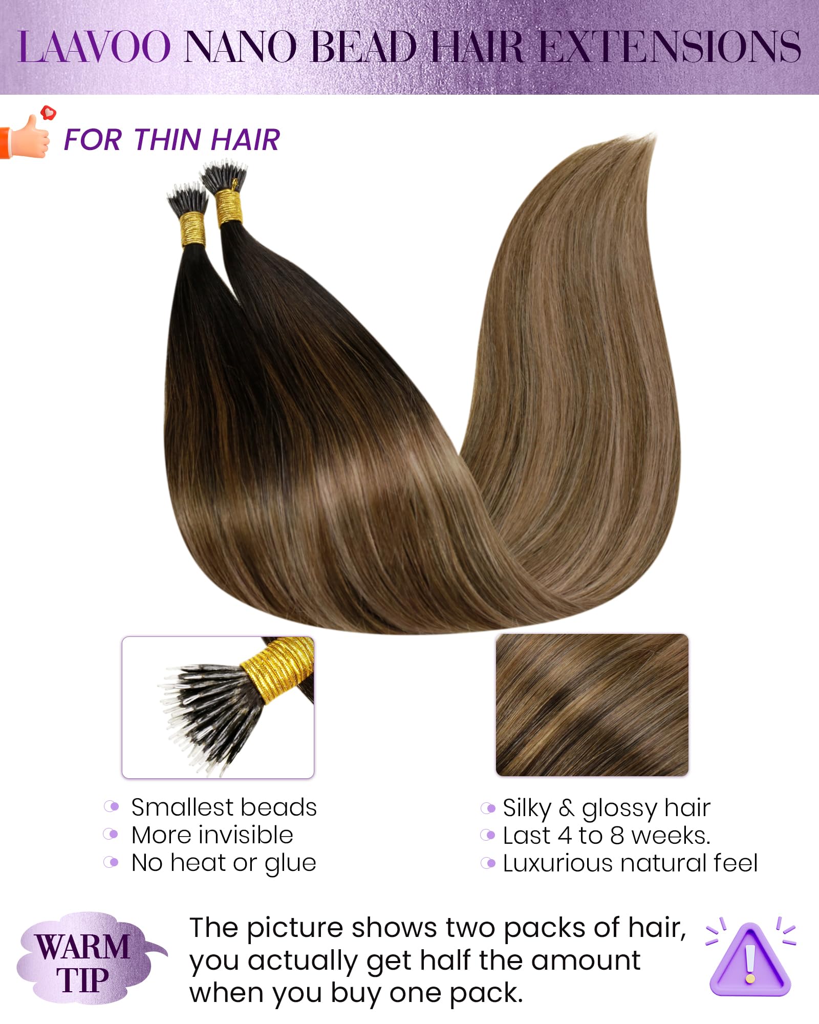 LaaVoo Nano Hair Extensions Real Human Hair Darkest Brown Nano Beads Hair Extensions 20 Inch Balayage Brown to Medium Blonde Invisible Nano Ring Straight Remy Hair 50g 50s #2/6/18 - Image 2