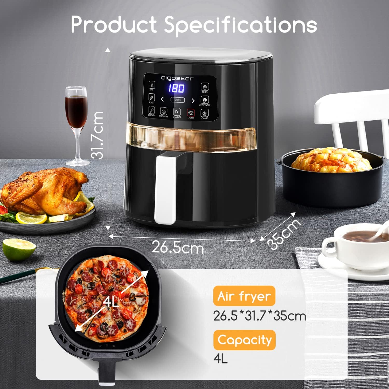 Aigostar Maha - Friggitrice ad aria 7 in 1 da 4 L con finestra di visualizzazione con controllo dellilluminazione indipendente, cestello antiaderente. Friggitrice senza olio 1600 W, nero Aigostar Maha - Friggitrice ad aria 7 in 1 da 4 L con finestra di visualizzazione con controllo dellilluminazione indipendente, cestello antiaderente. Friggitrice senza olio 1600 W, nero