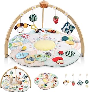 OCFOAAE Baby Play Gym & Tummy Time Mat with 5 Sensory Zones, 4 Detachable Toys - Stable Wooden Frame for Newborn Development