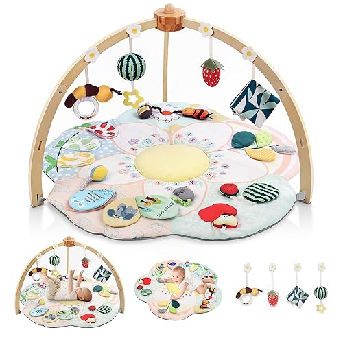 Tapete de gimnasio y actividades para bebés, 5 zonas de desarrollo, tapete para el tiempo boca abajo con 4 juguetes sensoriales desmontables, tapete