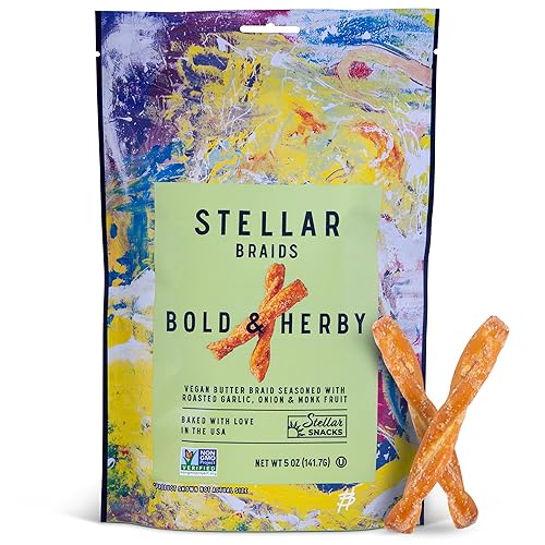 Stellar Pretzel Braids Bold & Herby, 6 paquetes de aperitivos (5 onzas cada uno) sabor cebolla asada y ajo  Snacks estelares, veganos, kosher, sin