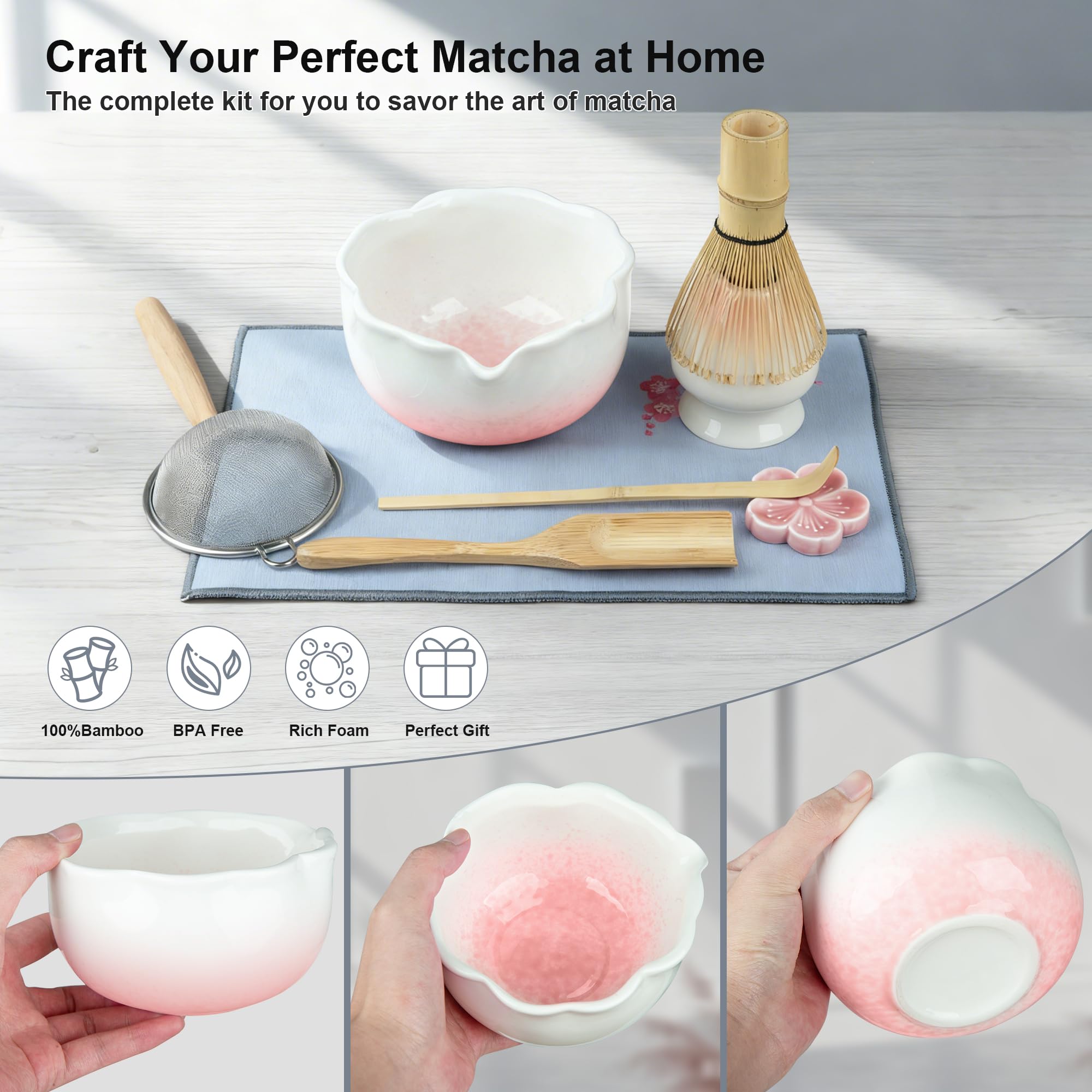 ENVTEK 8Pcs Matcha Whisk Set with Floral Ceramic Matcha Bowl, Wooden-Handled Sifter, Bamboo Whisk, Whisk Holder, Bamboo Scoop, Scoop Rest, Spoon, Tea Towel, Greeting card, Gift for Beginners