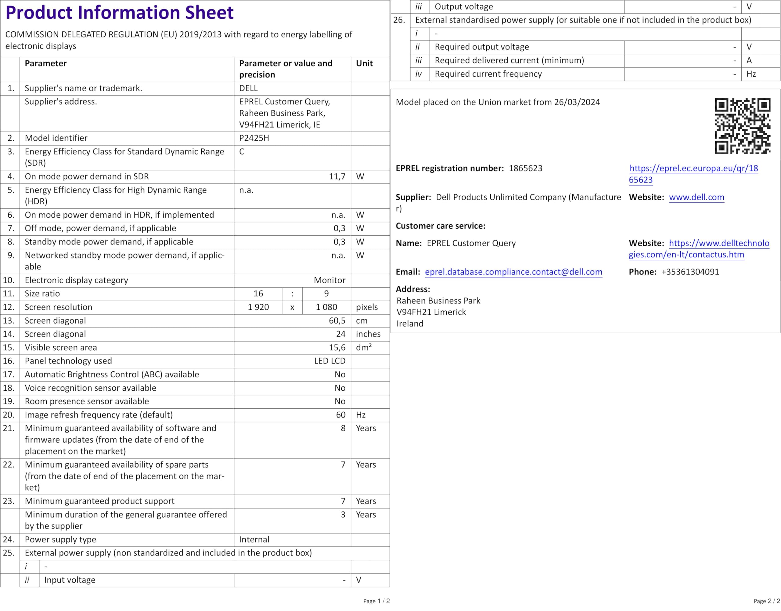 Dell P Series P2425H Computer Monitor 61 Cm (24) 1920 X, DELL-P2425H ...