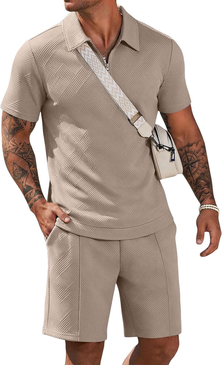COOFANDY Men Short Sets 2 Piece Outfits Casual Quarter Zip Polo Shorts Sets Textured Summer Outfits Fashion Tracksuit Golf