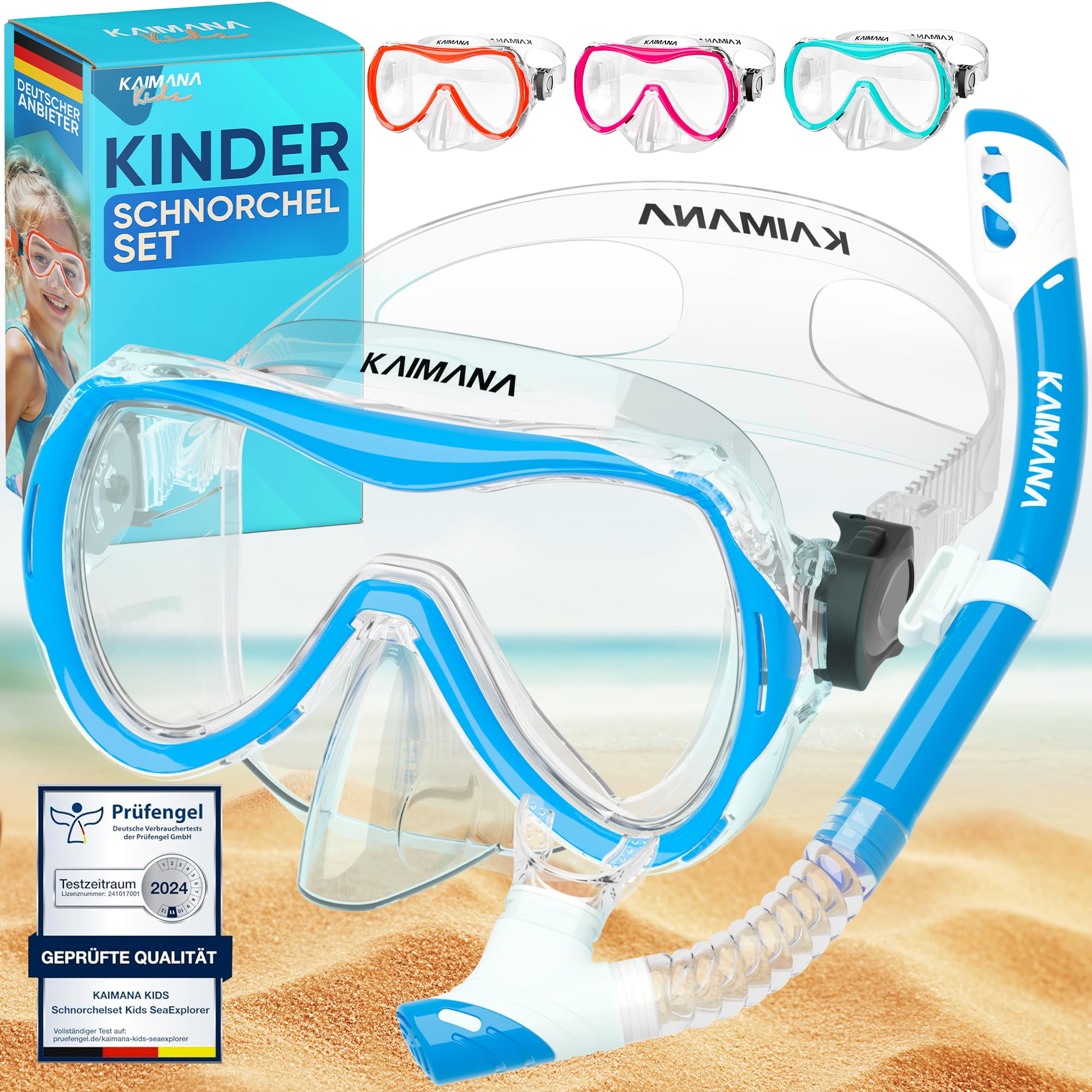 Das Neue KAIMANA® SeaExplorer Schnorchelset Kinder + Tragetasche, Taucherbrille mit Schnorchel, Taucherbrille Kinder, Alternative zur Schnorchelmaske Kinder, Taucherbrille mit Stoffband/Silikonband