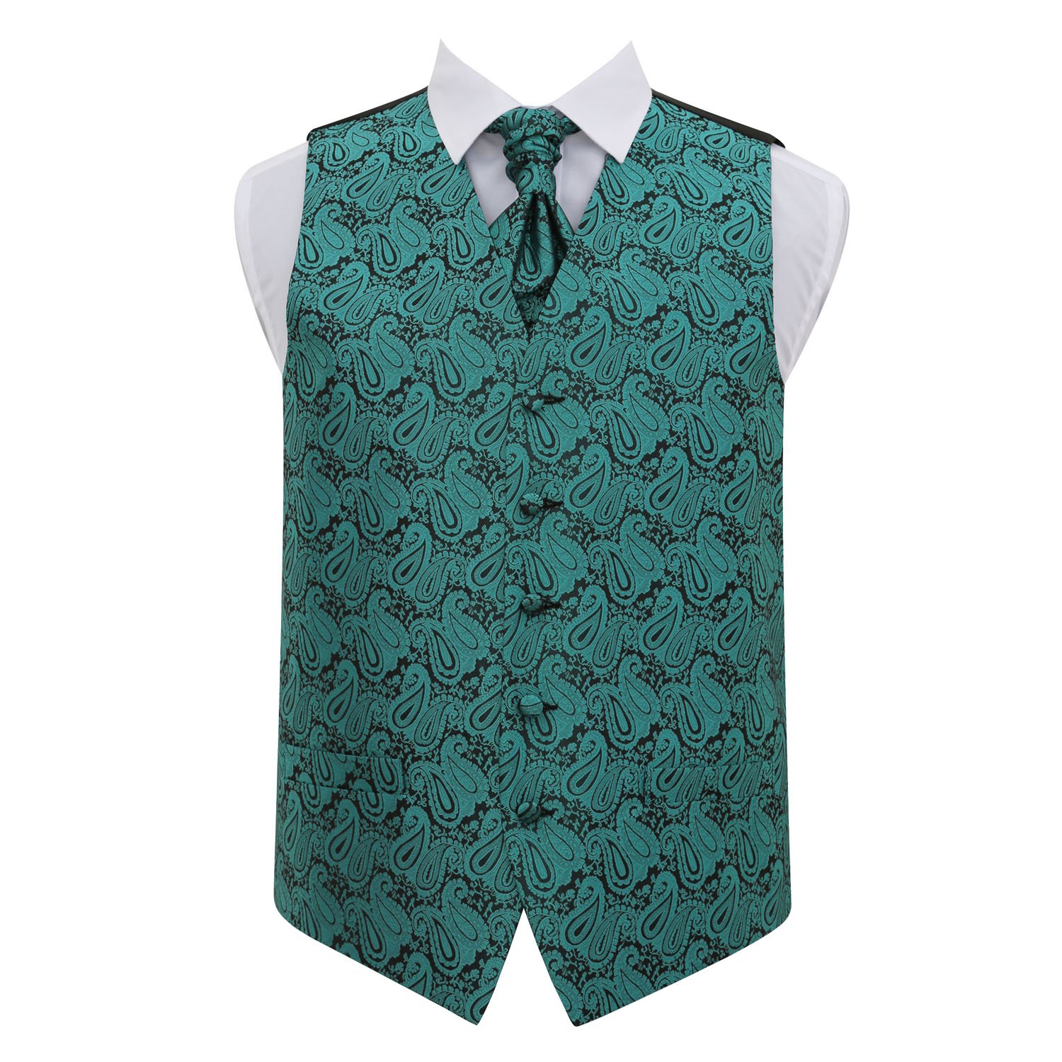 DQT Mens Paisley Floral Wedding Waistcoat & Cravat Set – Groom Formal Suit Vest - Teal 44" (2XL)