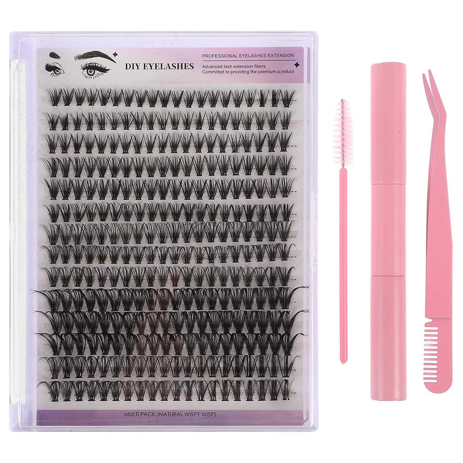 DIY Eyelash Cluster Kit with Natural Wispy Lashes, Eyelash Adhesive, Curved Tip Tweezers, and Removal Tools for Gentle and Realistic Self Application at Home