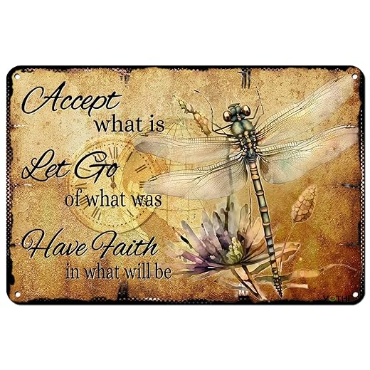 VOTHI Funny Dragonfly Sign - Accept What is,Let Go of What Was,Have Faith In What Will Be, Dragonfly Garden Decor for Home Bathroom Restaurant Bars Club Kitchen Garage Metal Wall Decor 8x12 Inch