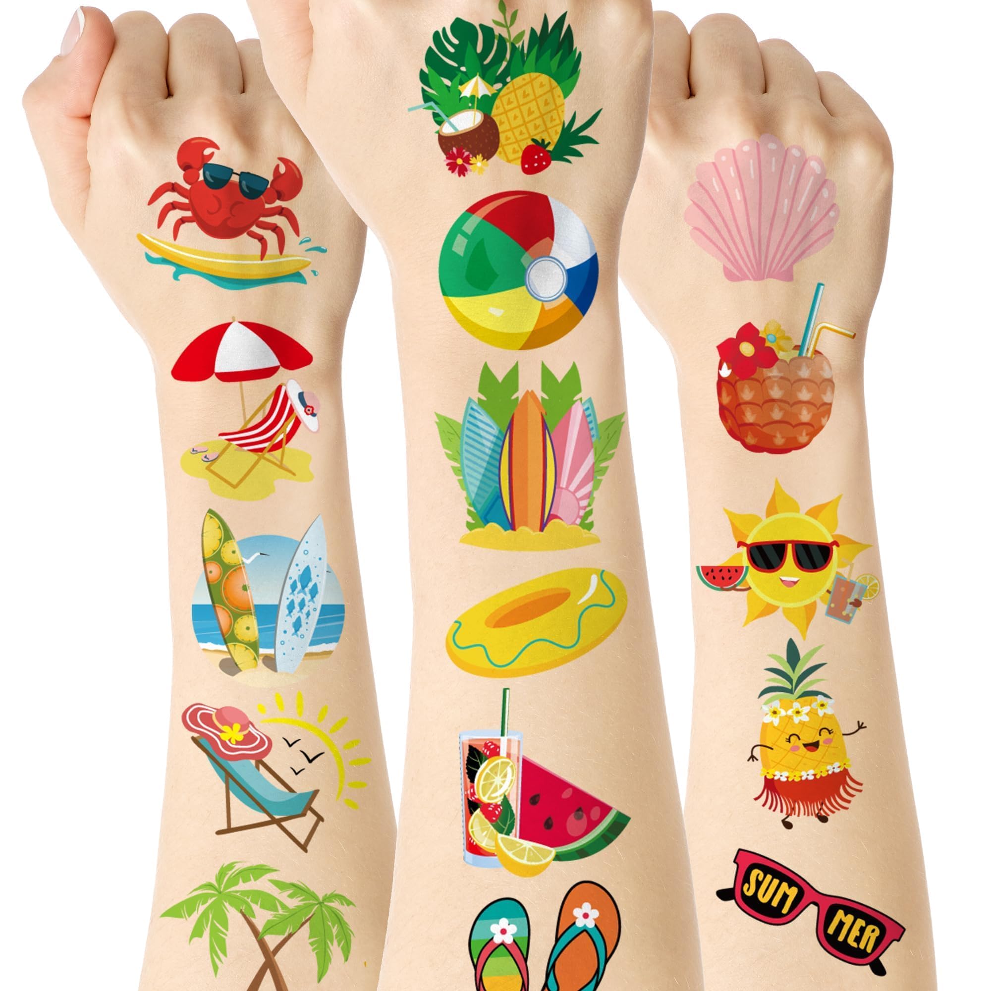 ADXCO 144 Pieces Summer Pool Party Tattoos Hawaiian Luau Themed Tattoos Waterproof Beach Temporary Tattoos Stickers for Adults, Tropical Party