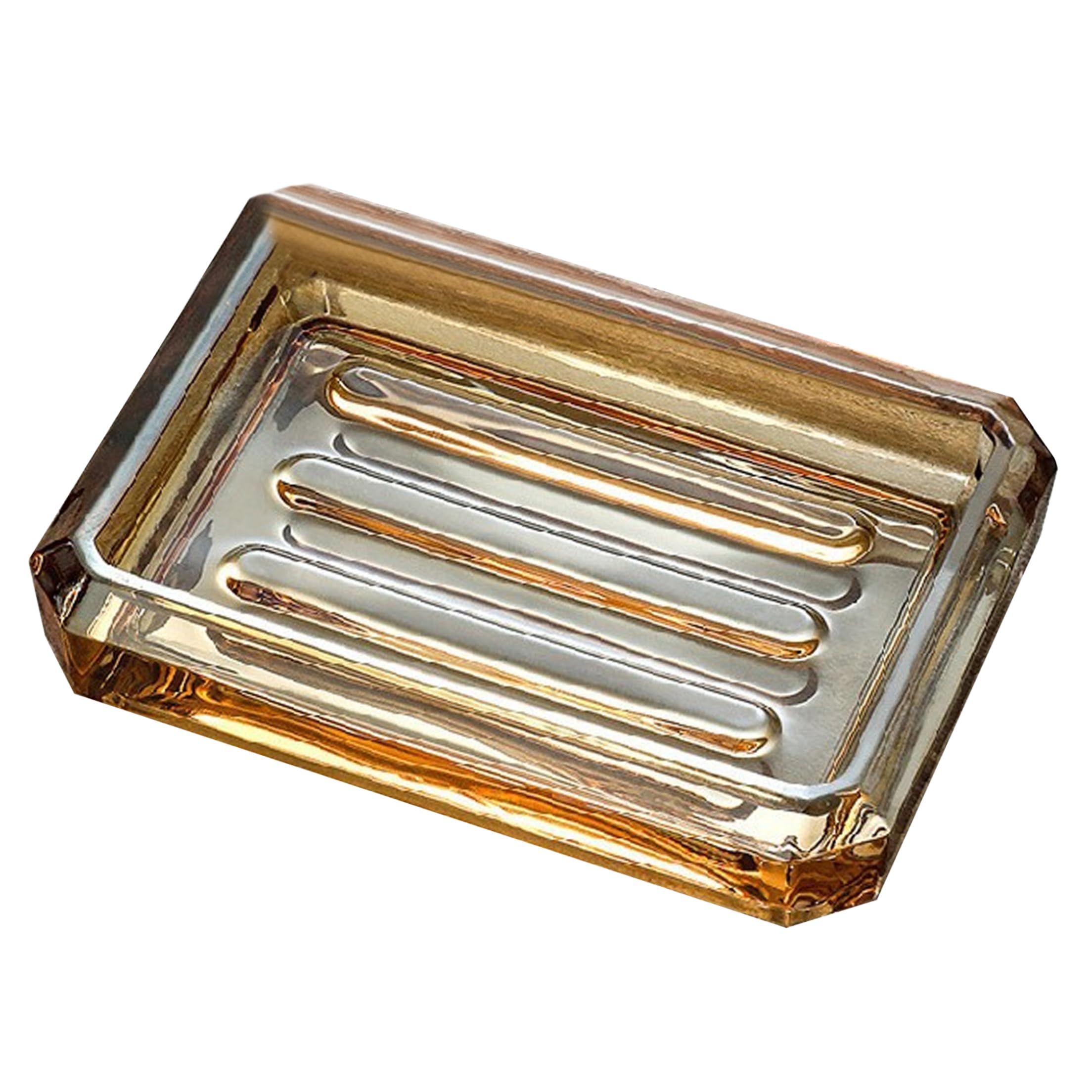 Bemonew soap dish for bathroom sink Glass Soap Dish With Drainage Grooves, Square For Bar Bathroom and Kitchen - Gold Stripes