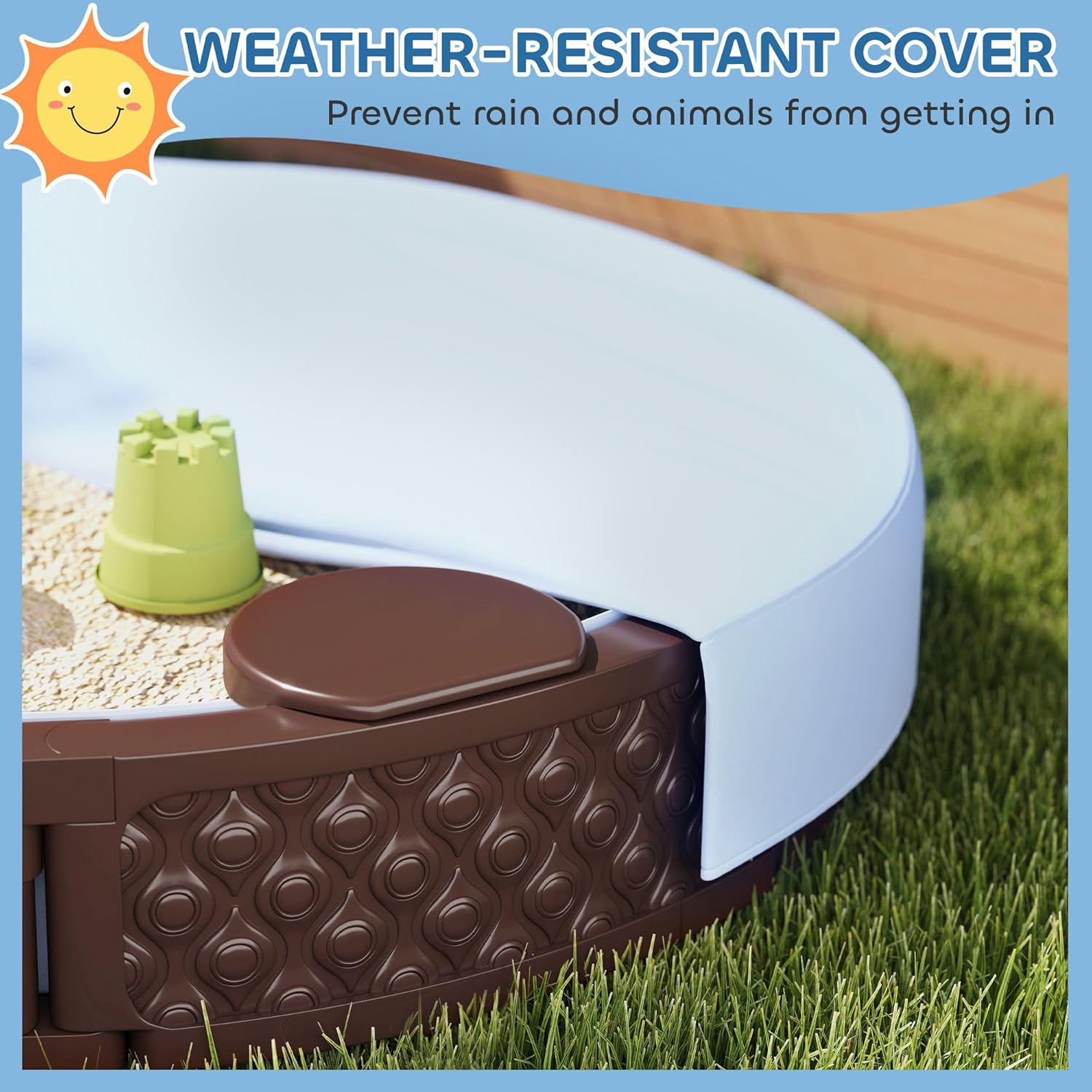 HDPE 47in Round Sandbox with 3 Ergonomic Seats, 661lb Sand Capacity, Fully Waterproof Bottom Liner & Dust/Rain Cover, Brown