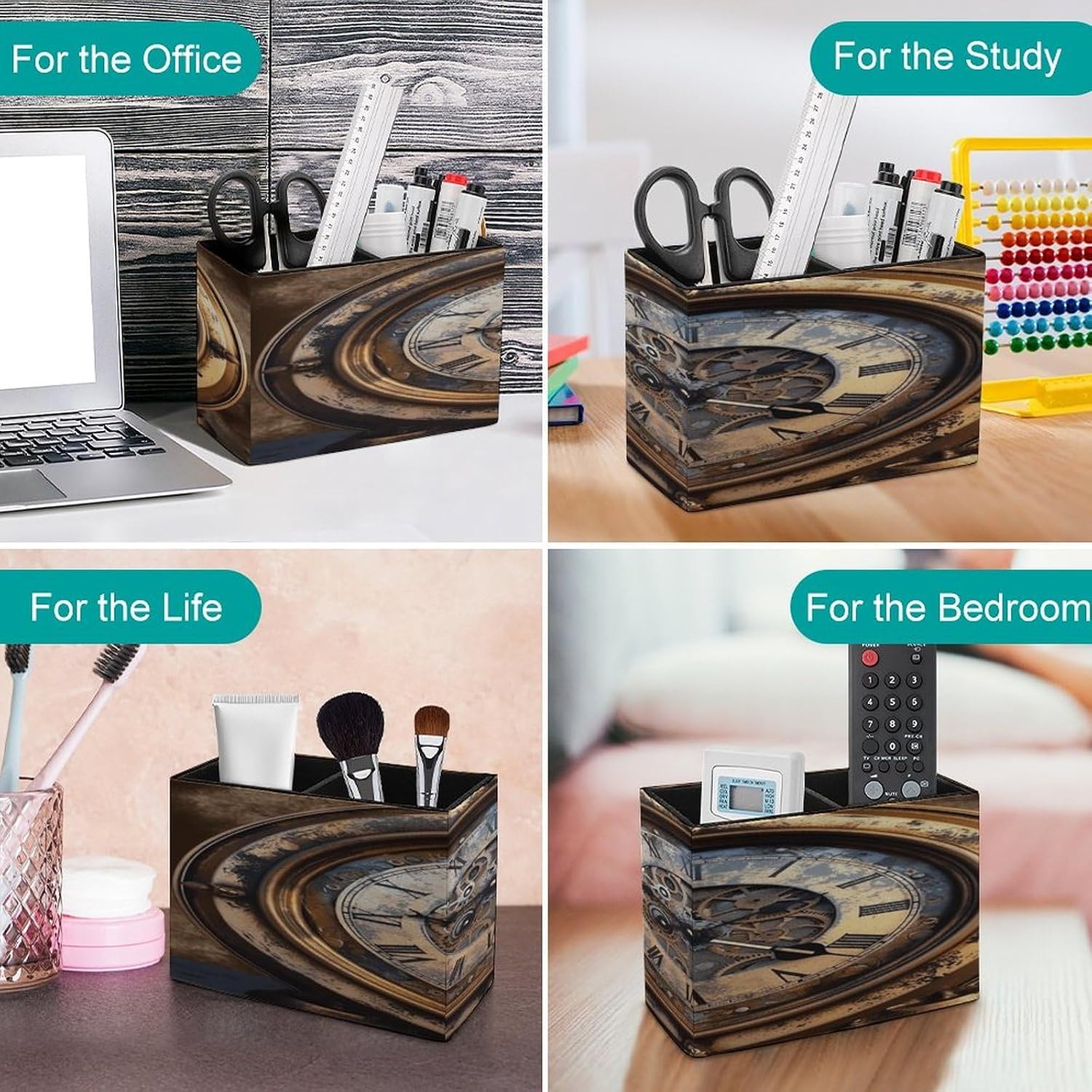 Steampunk Clock Pen Holder Double Compartments Pen Cup Fashion Makeup Brush Holders Leather Pencil Holder for Work Locker Accessories Modern Pencil Cup for Desk Organizer image 4