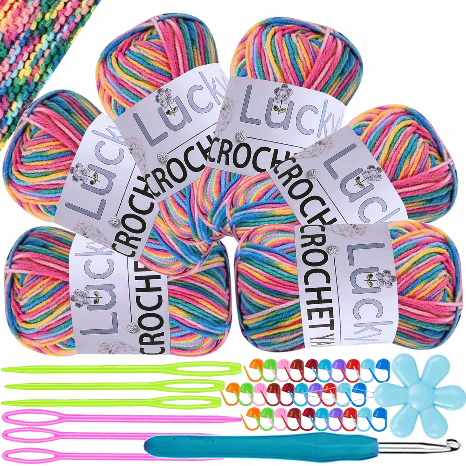 Crochet Yarn Double Knitting Wool (6X50g), Multicoloured Acrylic Yarn Crochet Wool with Aluminum Crochet Hooks Stitch Markers for DIY Craft Blankets Socks Dolls (Purple Green Yellow)