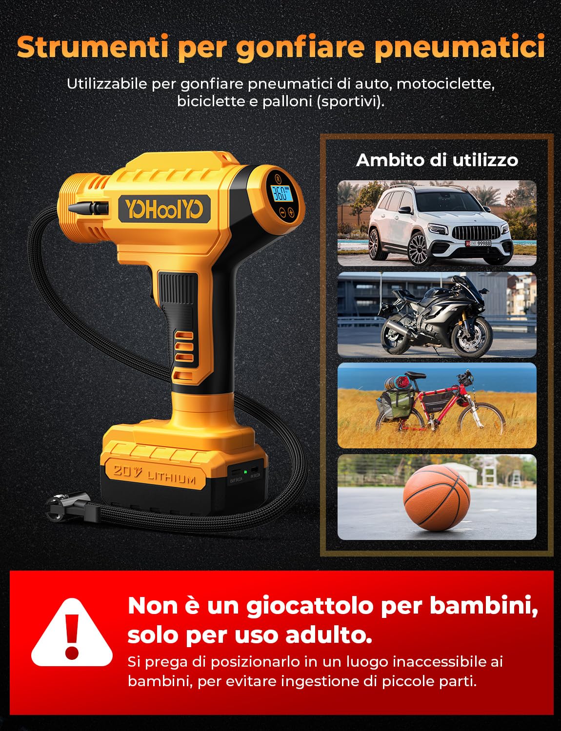 YOHOOLYO Compressore Aria Portatile per Pneumatici 150PSI Manometro Digitale LCD, luci a LED, Adatta per Auto,Biciclette, Moto e Palloncini