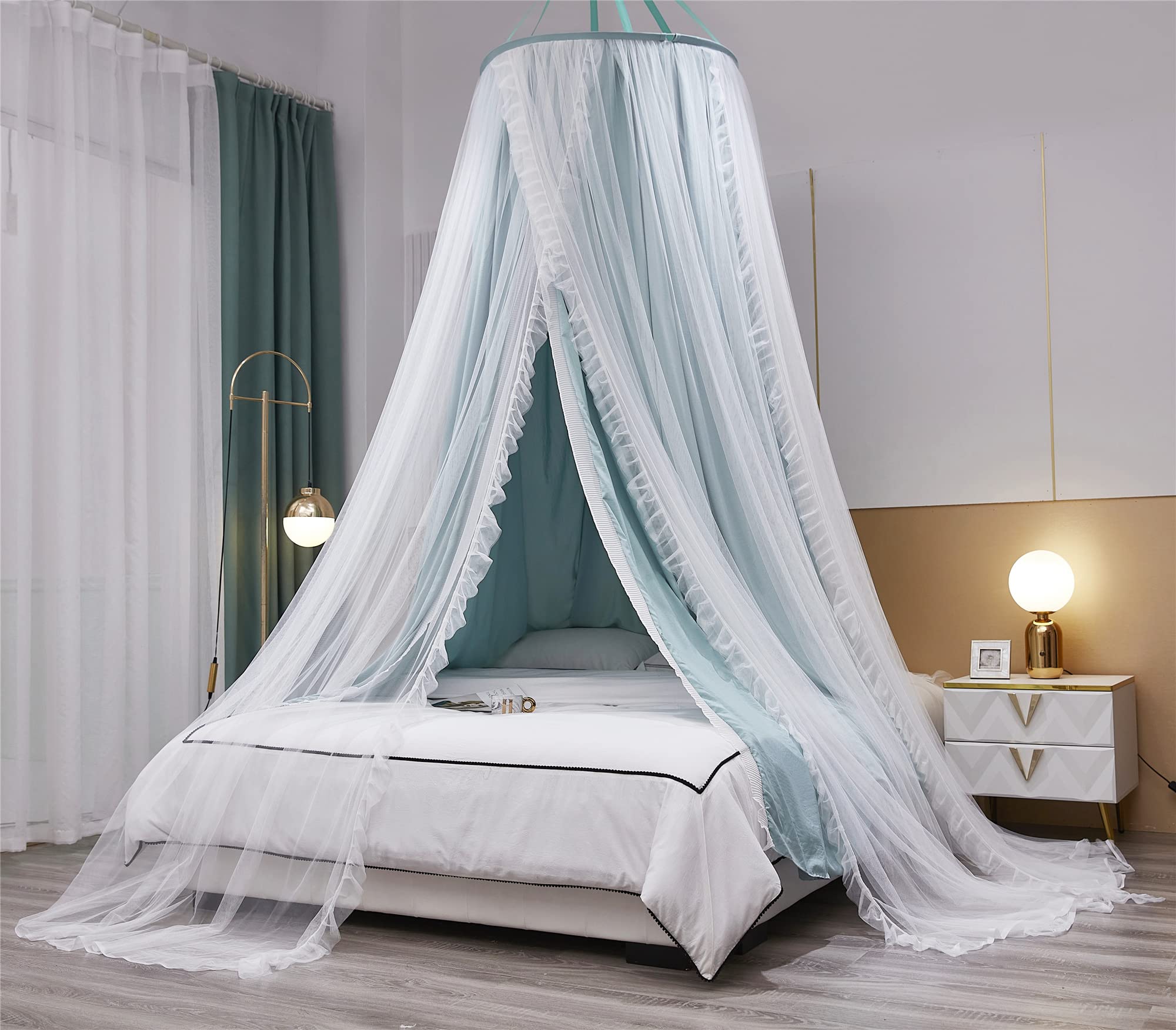 Baldacchino a Cupola Tonda a Doppio Strato per Principessa Tenda da Letto per Ragazze e Zanzariera da Sogno Decorazione Carina per Camera da Letto Castello da Gioco Angolo Lettura(Verde/Bianco)