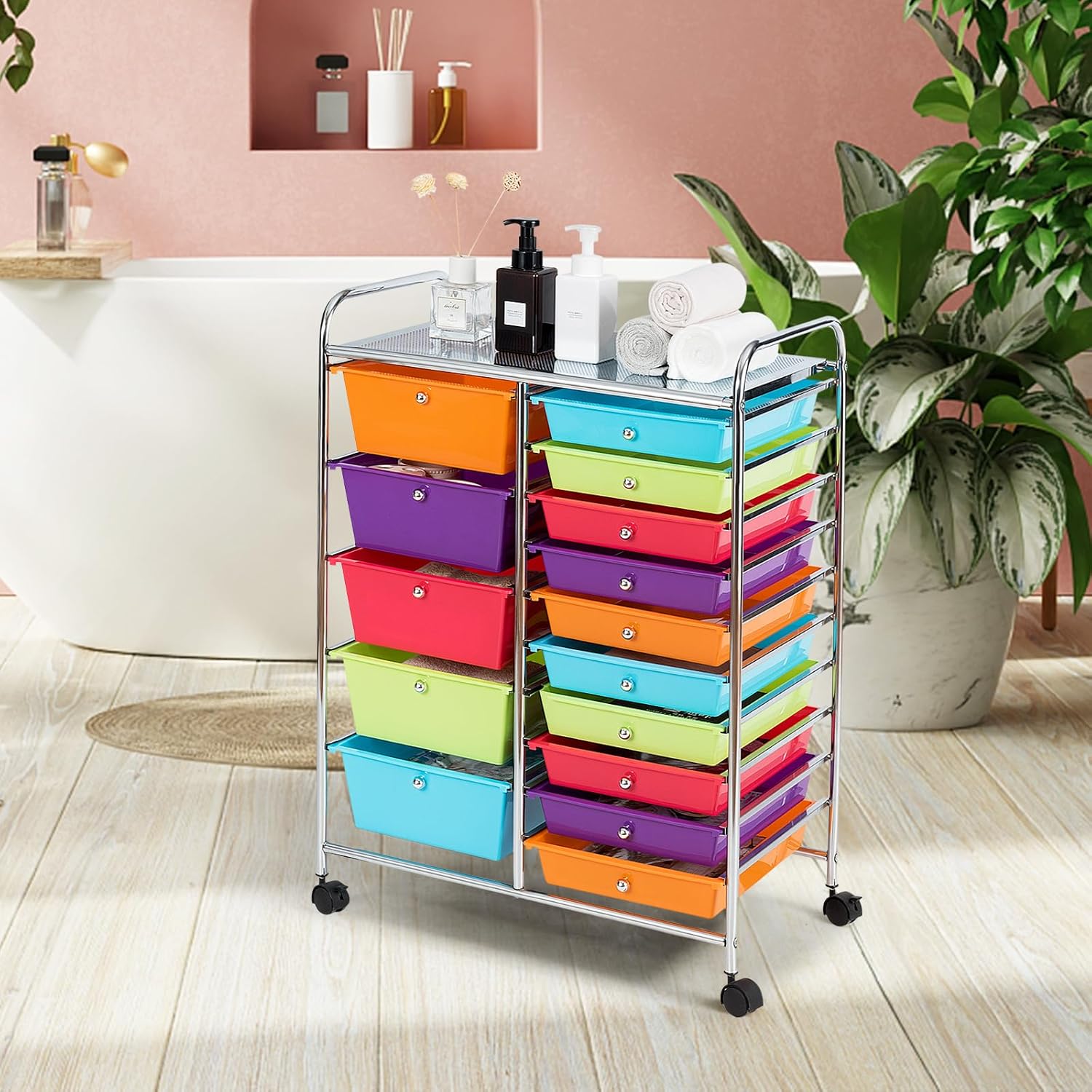 15 Drawers Rolling Storage Cart, Craft Cart Organizer with Lockable Wheels for Tools, Arts, Scrapbook, Papers, Multipurpose Utility Cart for Home Office School (Multicolor)