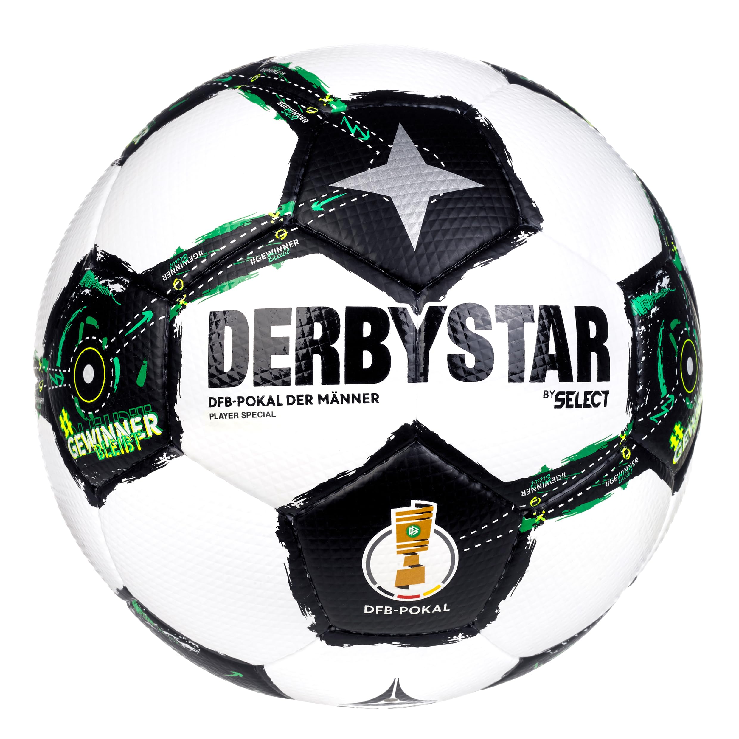 Derbystar Fußball DFB Pokal Player Special - Trainingsball Gr. 5 | Offizieller Lizenzball, 410g Gewicht, PU-Oberfläche mit Diamantstruktur, SR-Blase für Formstabilität, Schwarz-Weiß