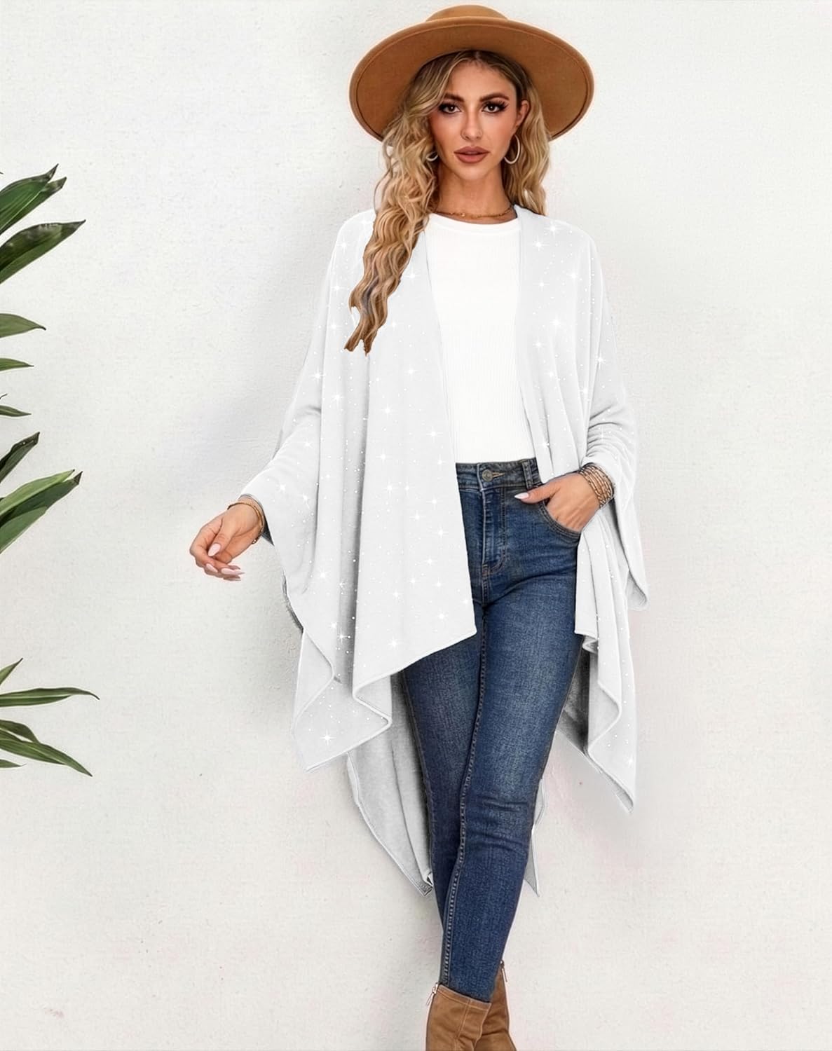 REEMONDE Womens Rhinestones Open Front Poncho Shawl Wrap Cape Ruana Travel Blanket Cardigan