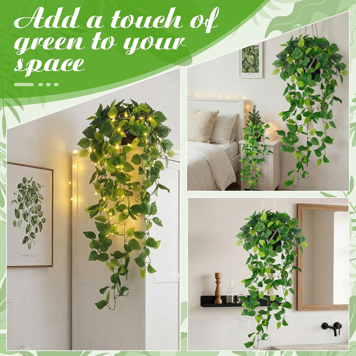35'' Fake Pothos Hanging Plants, Set of 4 Faux Ivy Vines with Pots, Artificial Hanging Ivy Vines Plant, Fake Greenery for Home Office Living Room Indoor Wall Shelf Decor