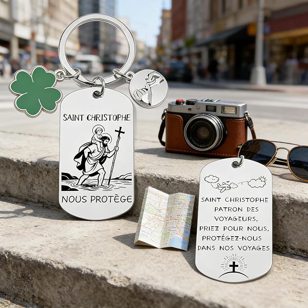 Porte-clés Saint Christophe Protect Us Médaille Saint des voyageurs Protection de prière Bijoux pour homme et femme Cadeau de voiture et accessoires pour voyager en toute sécurité - 2