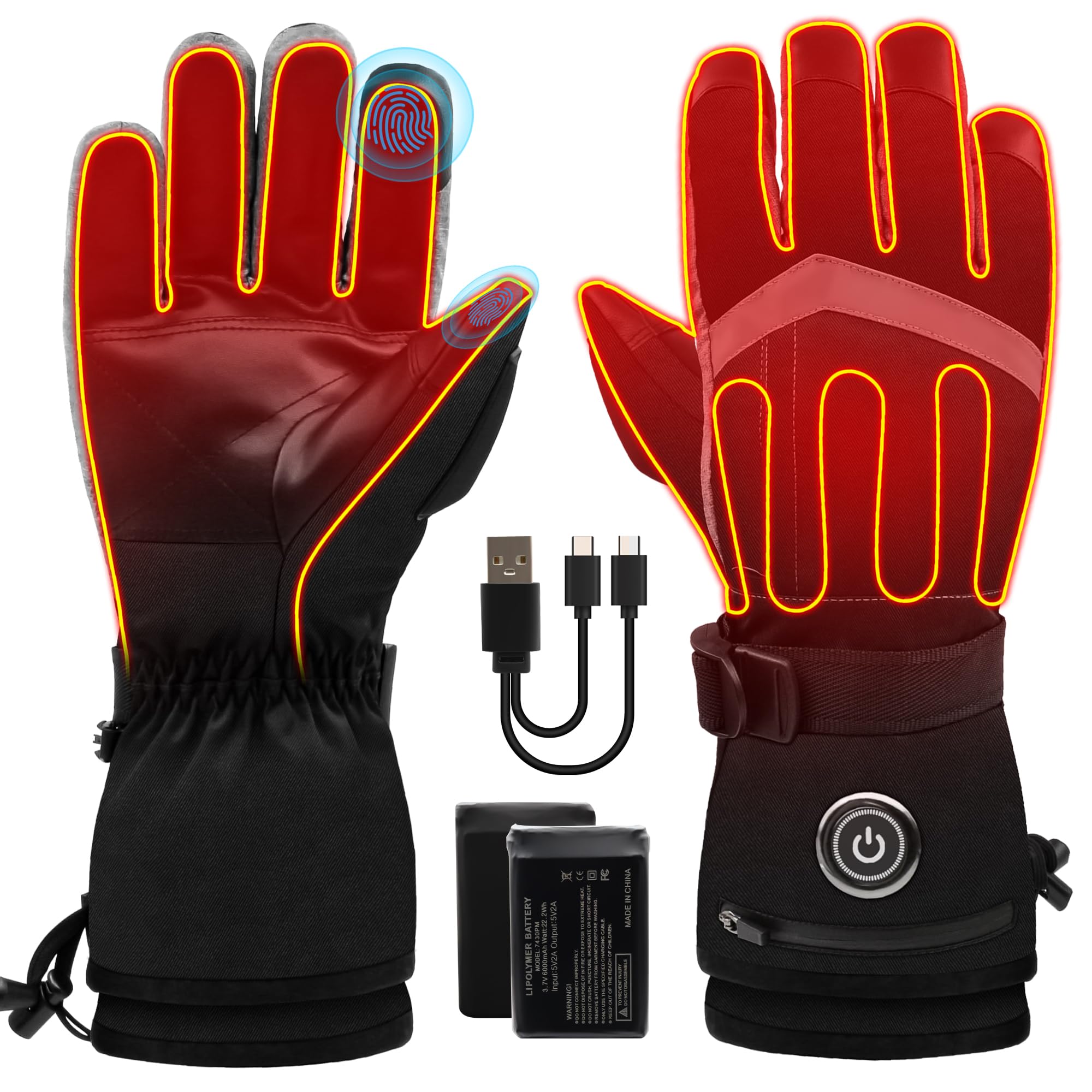 Beheizte Handschuhe für Männer und Frauen, 6000 mAh Akku, wiederaufladbare Handwärmer-Handschuhe mit Touchscreen, wasserdicht, elektrisch, beheizter Skihandschuh für Winter, Outdoor, Arbeit, Jagd