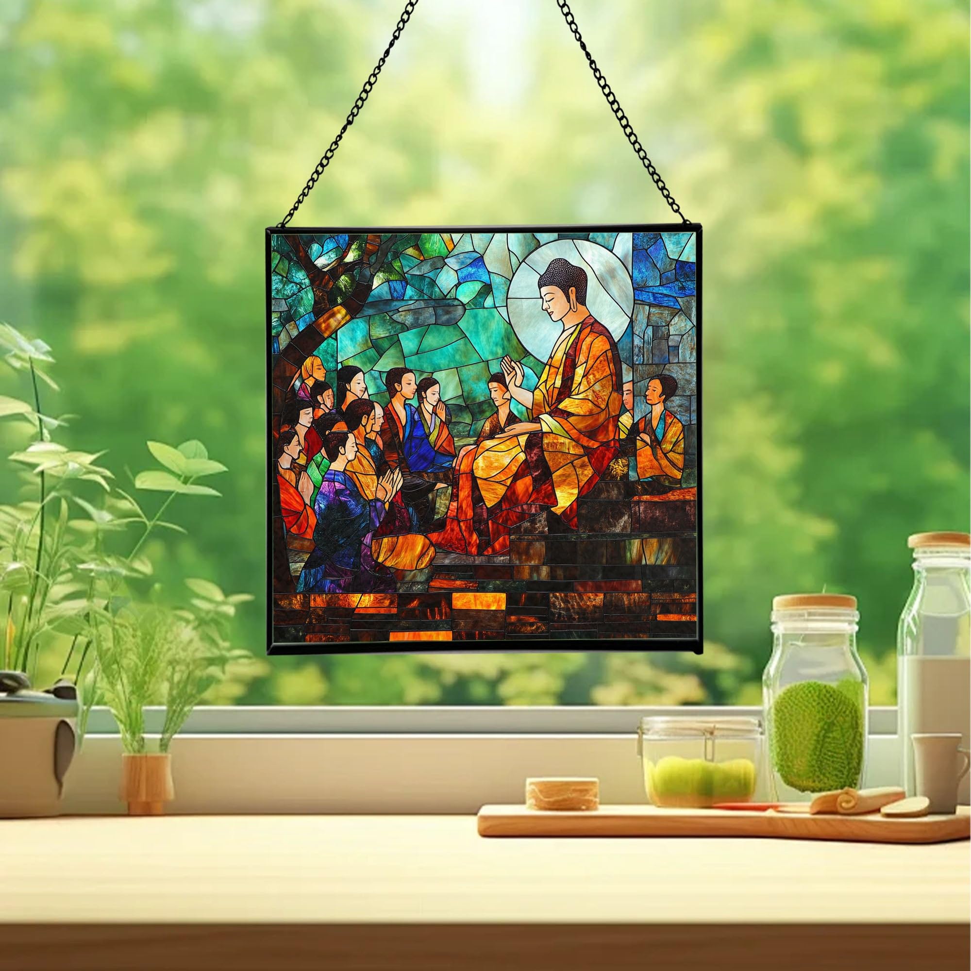 Buddha Ordination Stained Glass Suncatcher – Square Hanging Window Panel for Meditation Room, Zen Space, or Home – Peaceful Spiritual Glass Art Gift, Christmas, Thanksgiving JQ6OBD