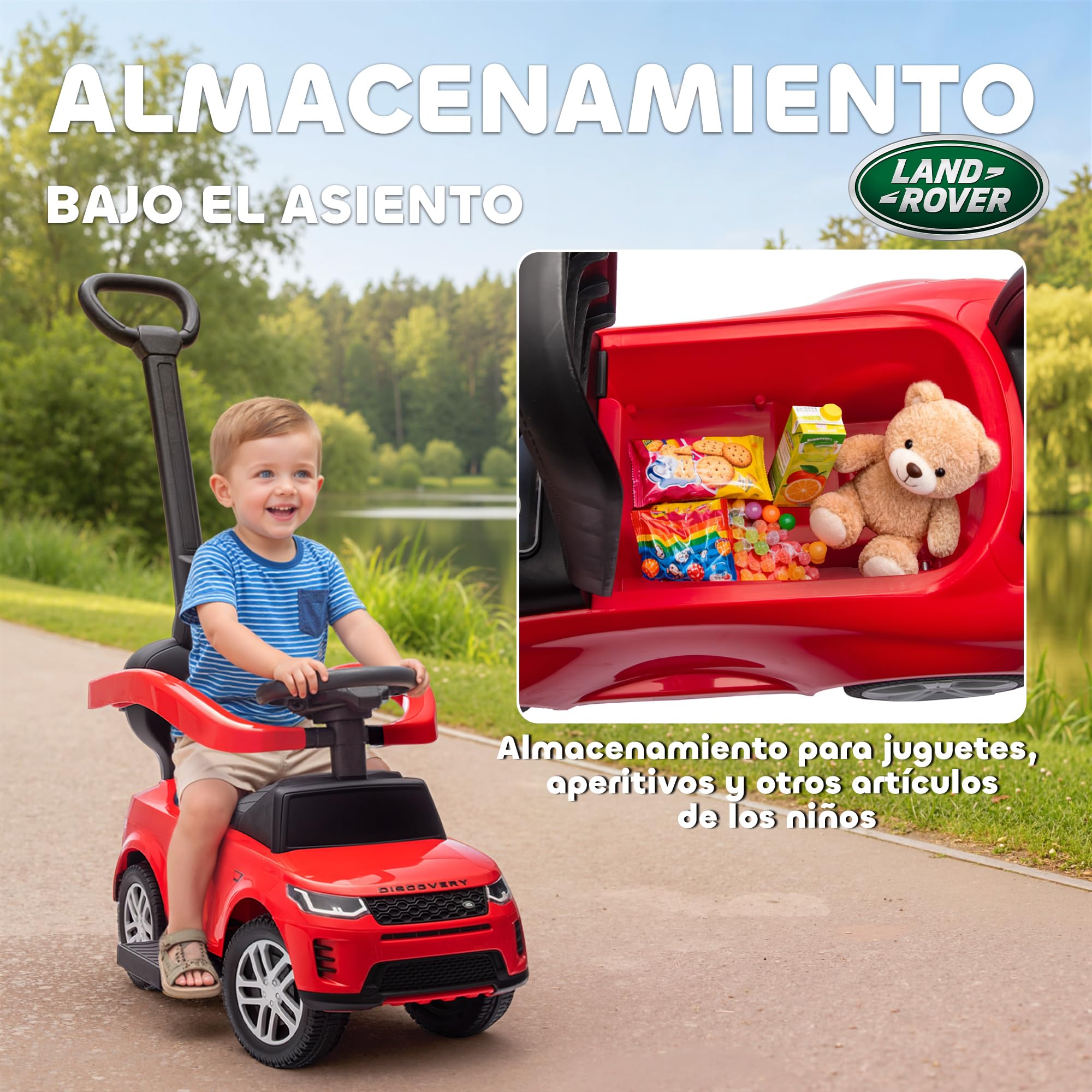 AIYAPLAY Coche Correpasillos 2 en 1 para Niños de 18-36 Meses Land Rover Discovery, Correpasillos con Espacio de Almacenaje, Bocina, Volante, Mango de Empuje y Barandilla Extraíbles, Rojo