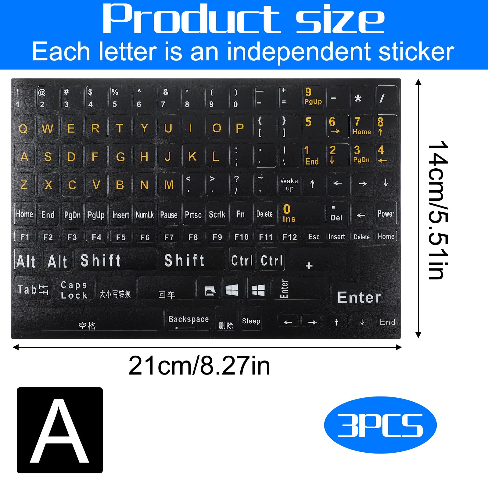 3 PCS English Keyboard Stickers Big Letter Full Set, Universal Computer Laptop Replacement Large Keyboard Stickers Matte English Keyboard Alphabet Sticker Black Background with White Lettering