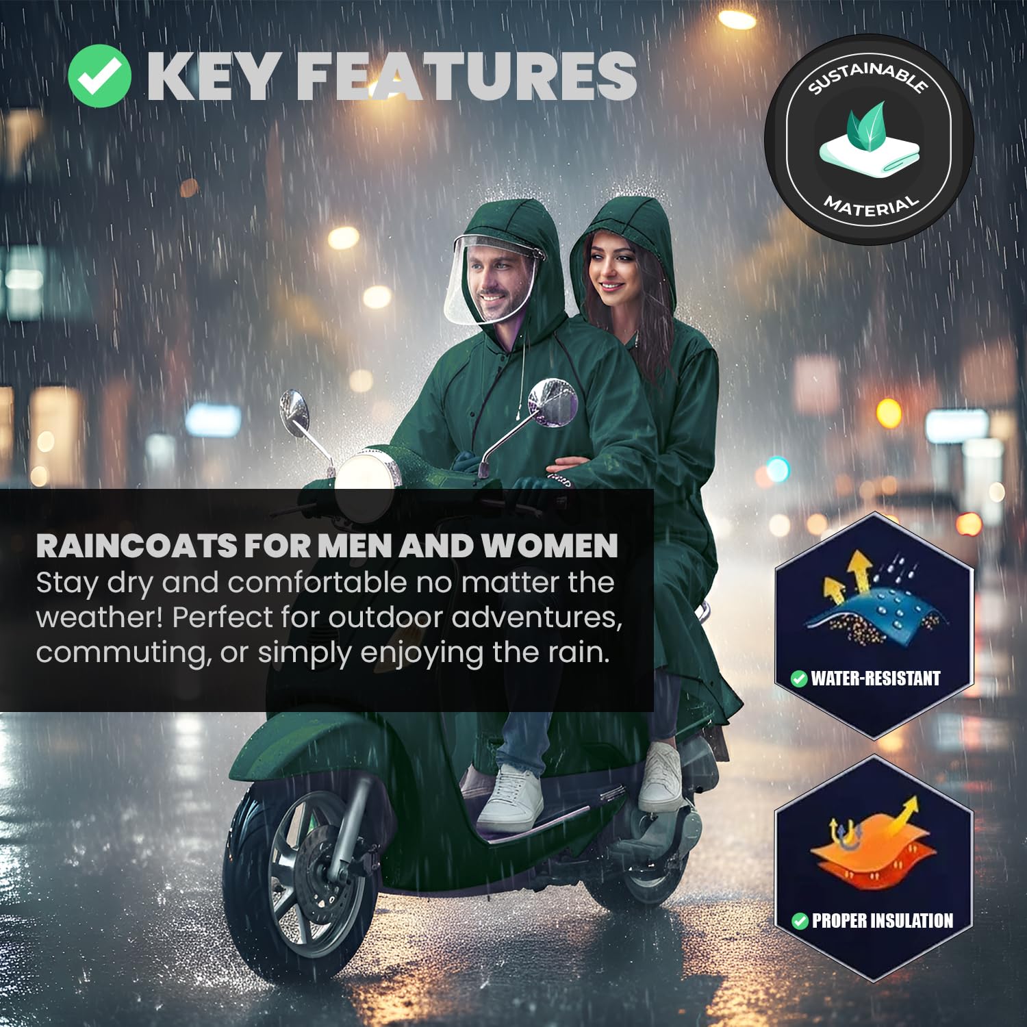 Hacer Unisex Rain Poncho 410GSM with Adjustable Hood Full Sleeves Waterproof Lightweight Outdoor Bike Raincoat for Men & Women Camping Hiking and Travelling (XL, Green) 4