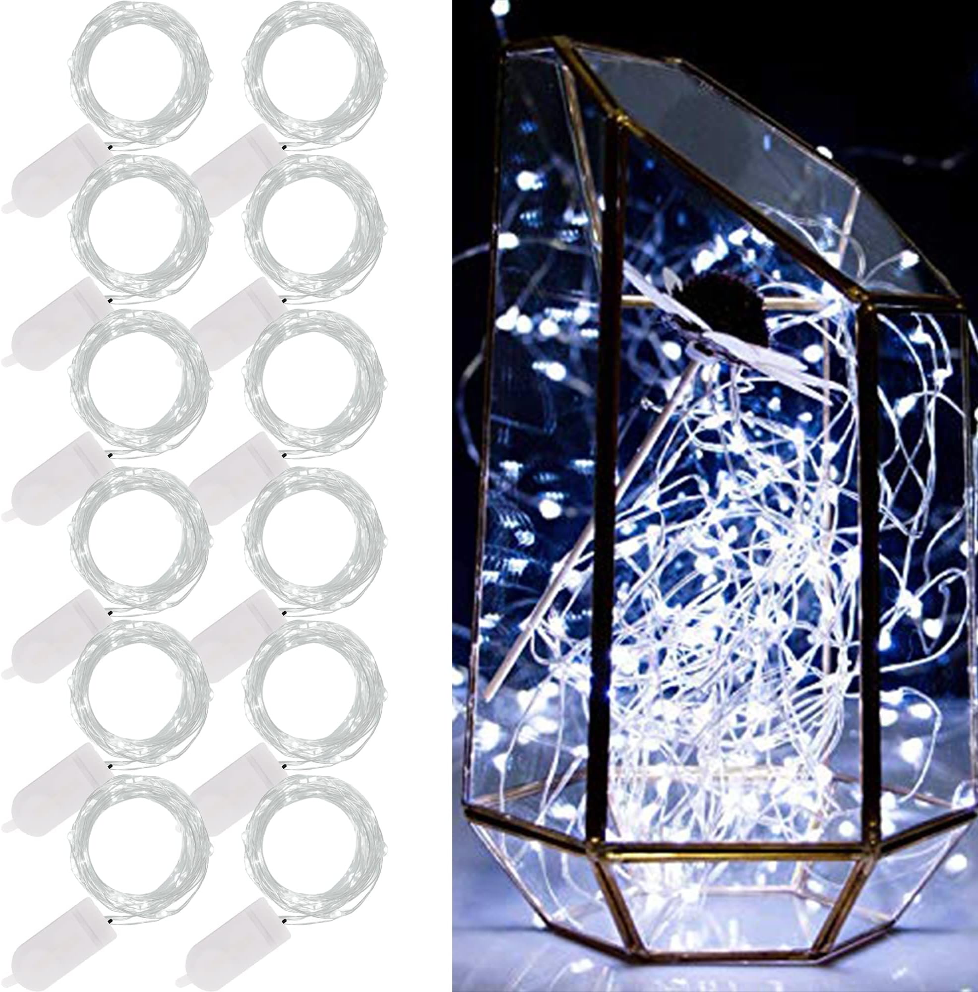 WATERGLIDE 12 Pack Fairy Lights Battery Operated (Included), 7 ft 20 LED Mini String Lights, Waterproof Silver Wire Firefly Starry Lights for DIY Wedding Christmas Party Mason Jars Decor, Cool White