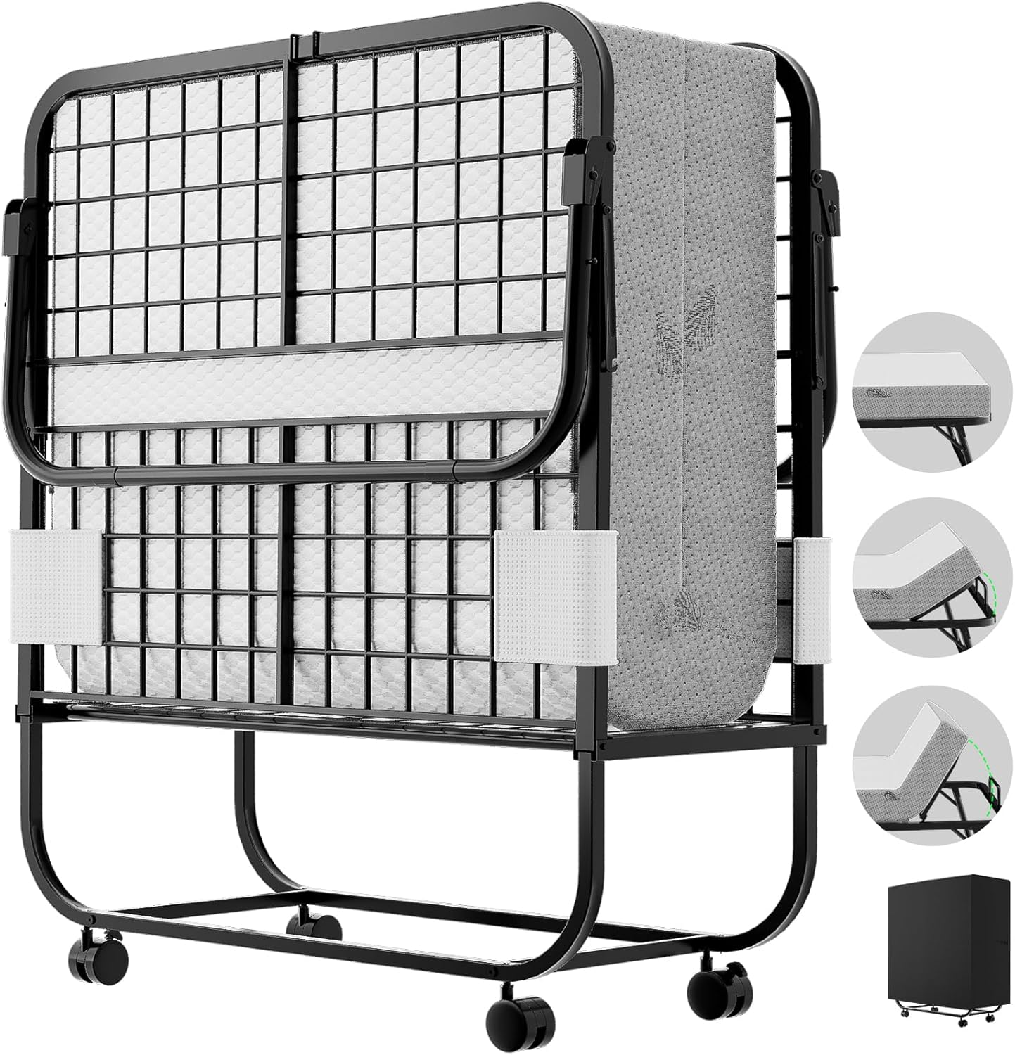 Folding Bed with Mattress for Adults, Portable Folding Bed with Adjustable Backrest, Cot Size Rollaway Bed with Memory Foam Mattress and Metal Frame on Wheels, Extra Guest Bed, 75‘’ x 31‘’