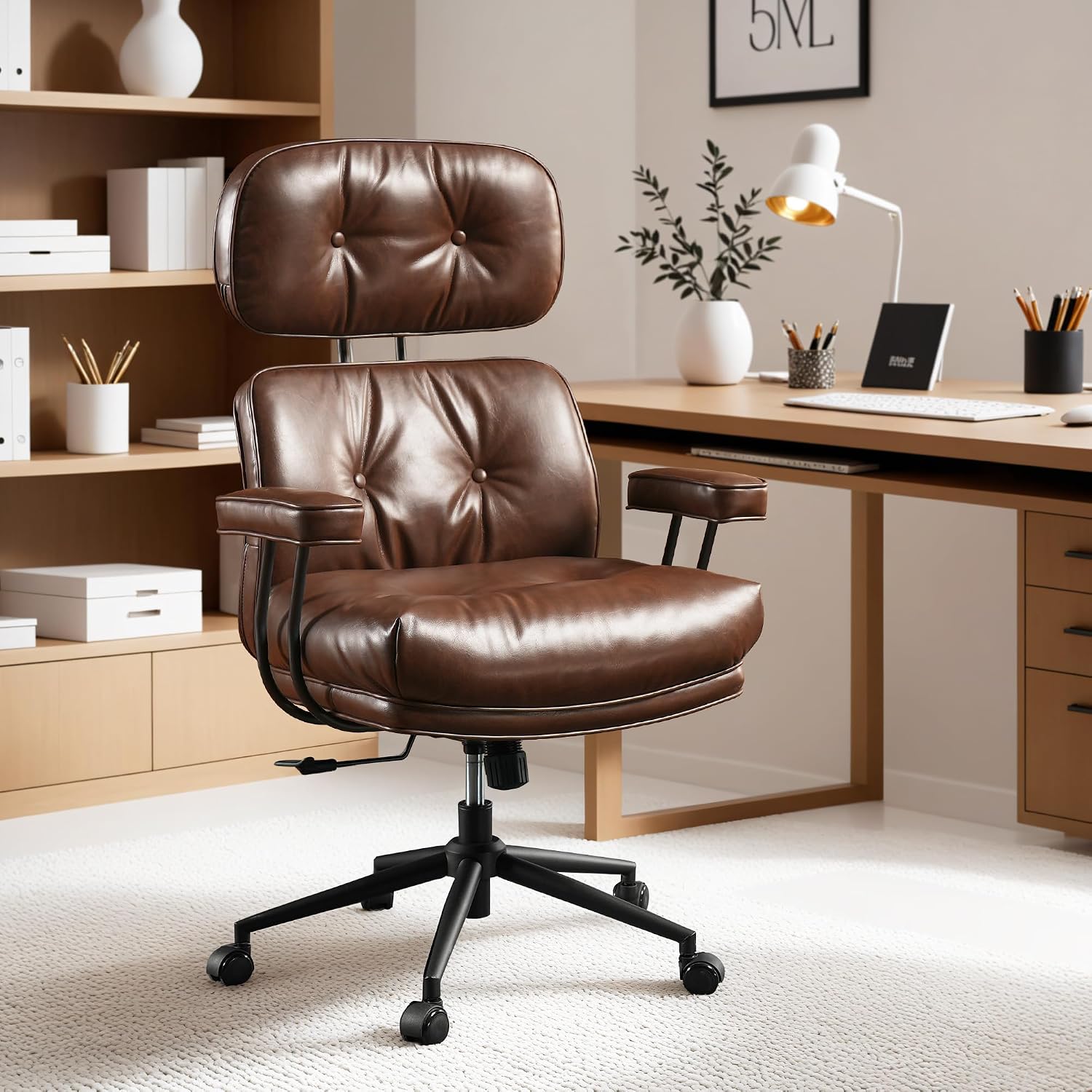 ovios Ergonomic Office Chair, High Back Faux Leather Executive Chairs with Thick Cushion, Comfy Mid-Century Modern Swivel Rolling Computer Armchair (Brown, Suede Leather)