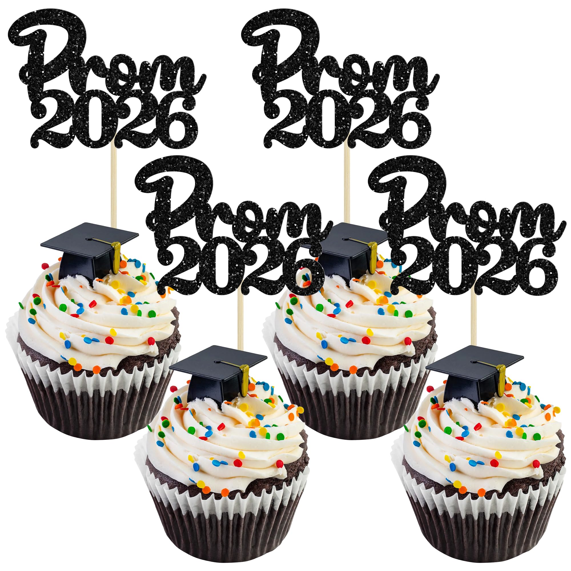 Gyufise 24Pcs Prom Cupcake Toppers Glitter Prom 2026 Graduation Cupcake Picks Class of 2026 Cake Decoration for 2026 Graduation College Party
